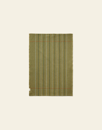 The Ferm Living Ito Tea Towel Set of 2 features rectangular olive green organic cotton towels with a twill weave, thin vertical white and blue stripes, and two thin orange horizontal stripes near the edges.