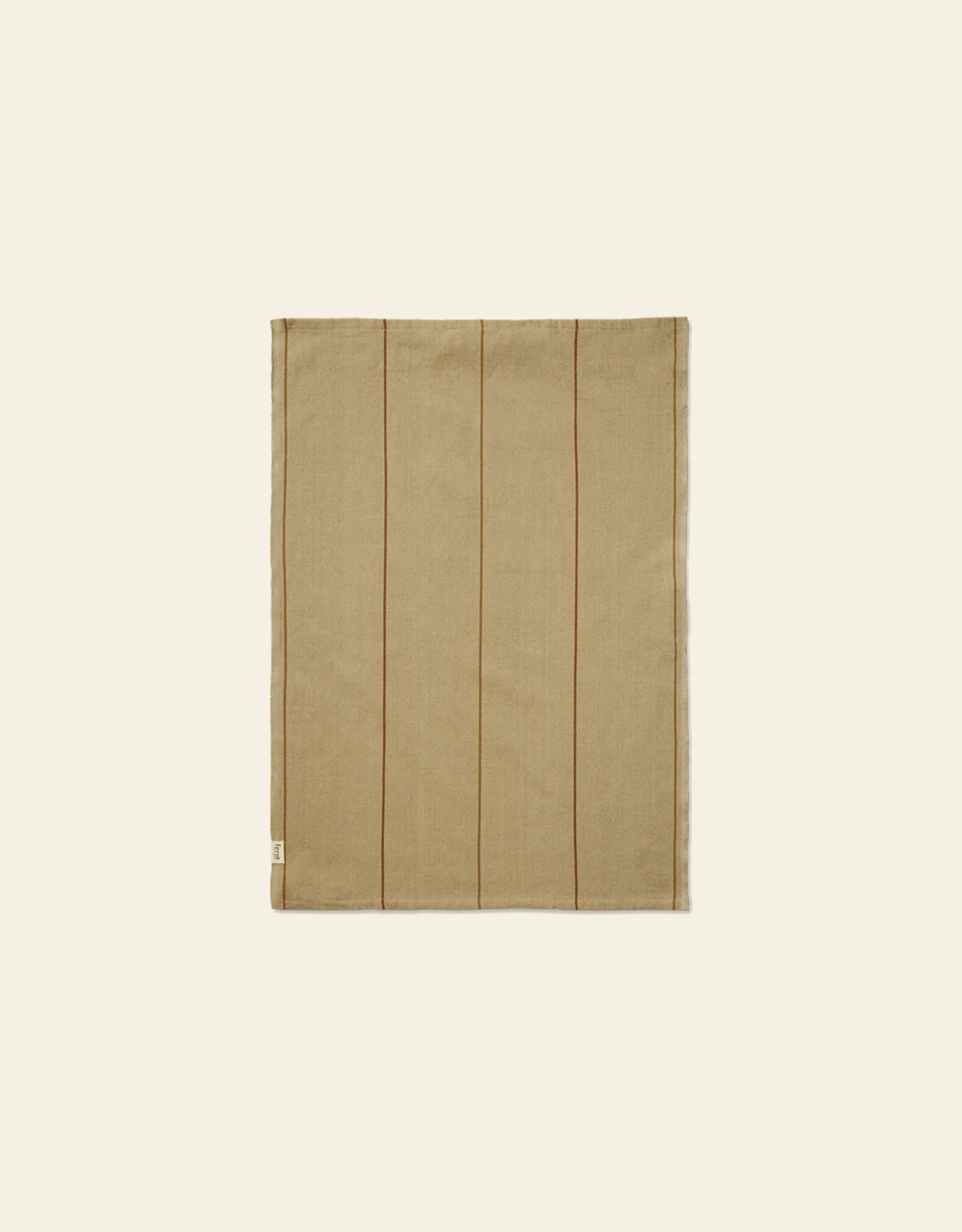 The Ferm Living Ito Tea Towel, Set of 2 features beige rectangular organic cotton cloths with thin vertical brown lines—ideal as stylish kitchen textiles.