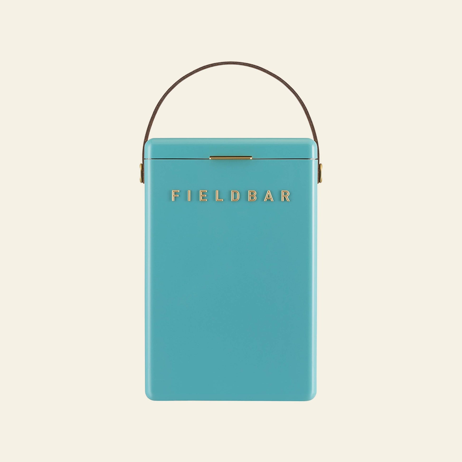 A turquoise rectangular Fieldbar Drinks Box with a brown handle and gold FIELD BAR logo on the front, shown on a beige background—crafted by Fieldbar for superior thermal performance.