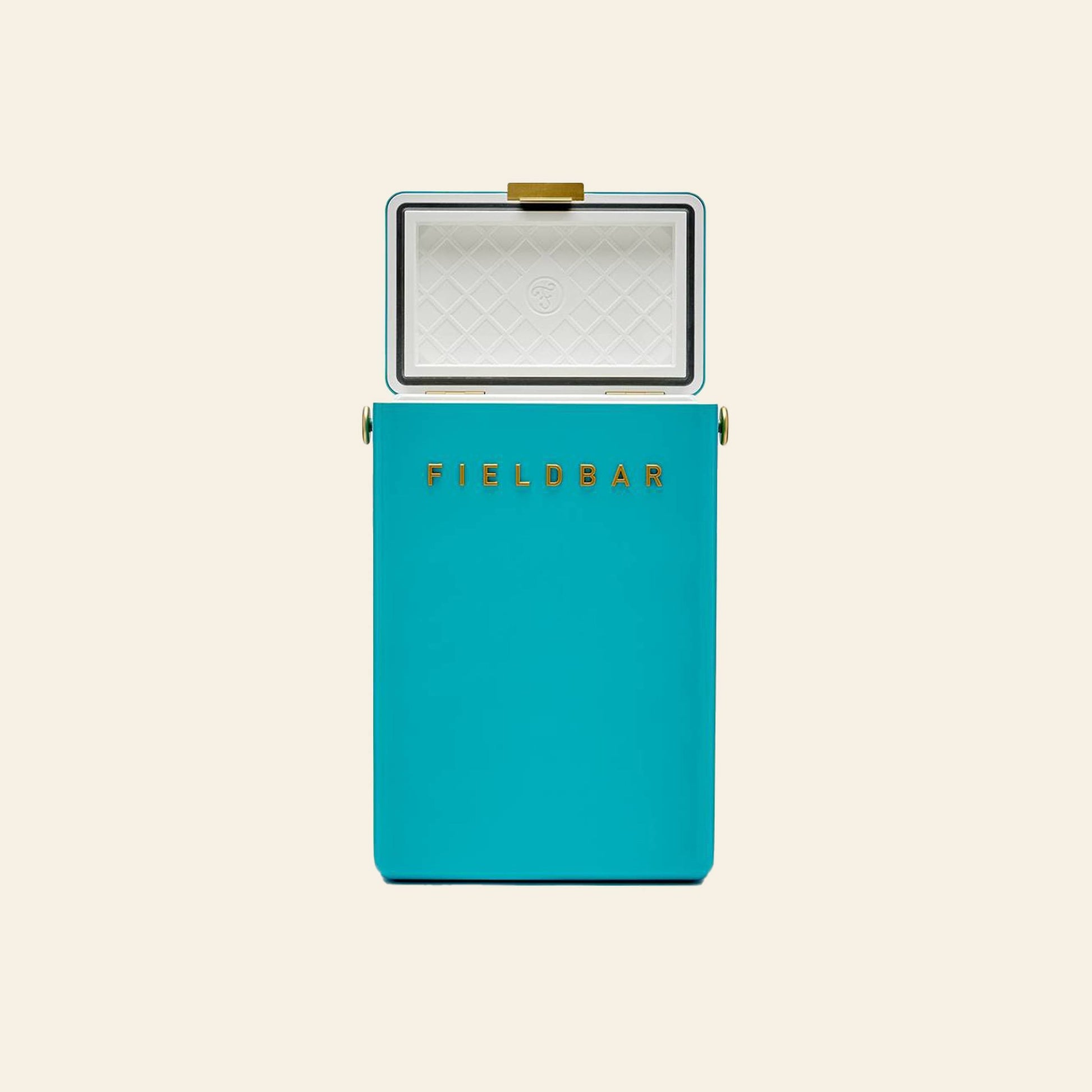 A turquoise rectangular Fieldbar Drinks Box by Fieldbar, featuring a white interior and gold accents, is shown open against a beige background—blending classic style with excellent thermal performance.