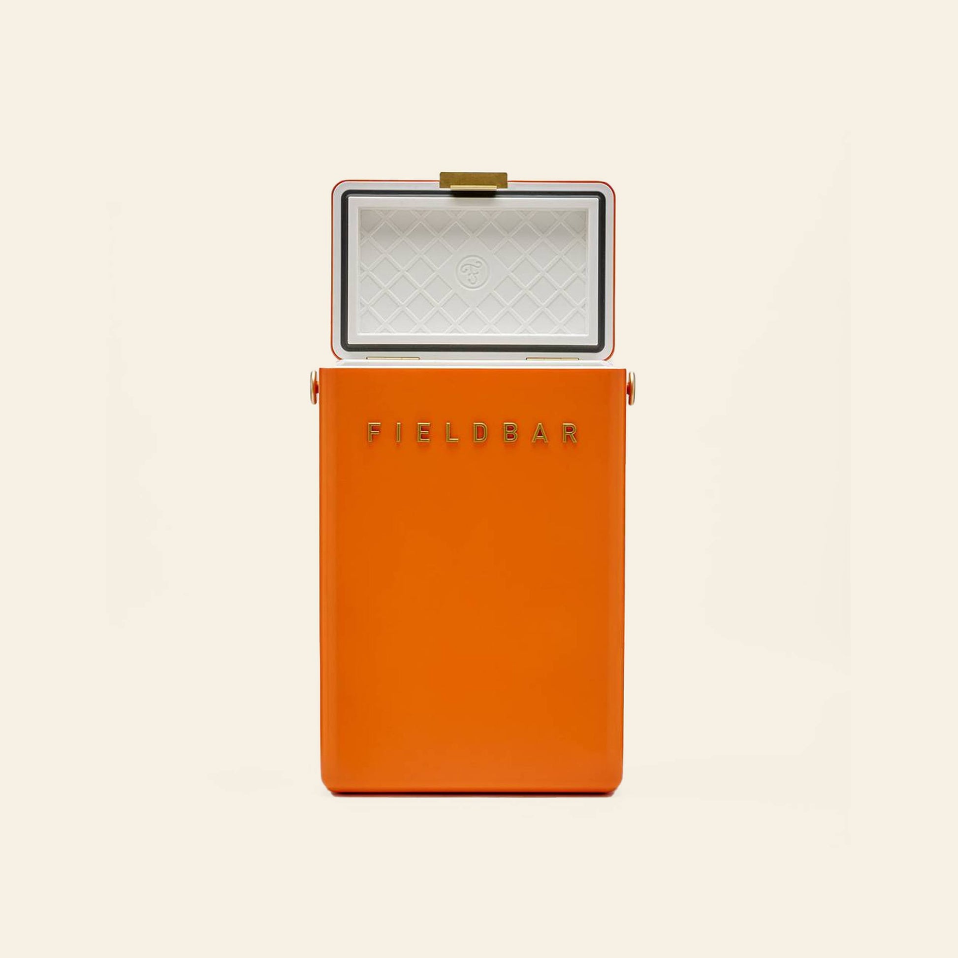 A Fieldbar Drinks Box by Fieldbar in orange with its white lid open stands upright against a plain, light background, showcasing its insulated interior for excellent thermal performance.