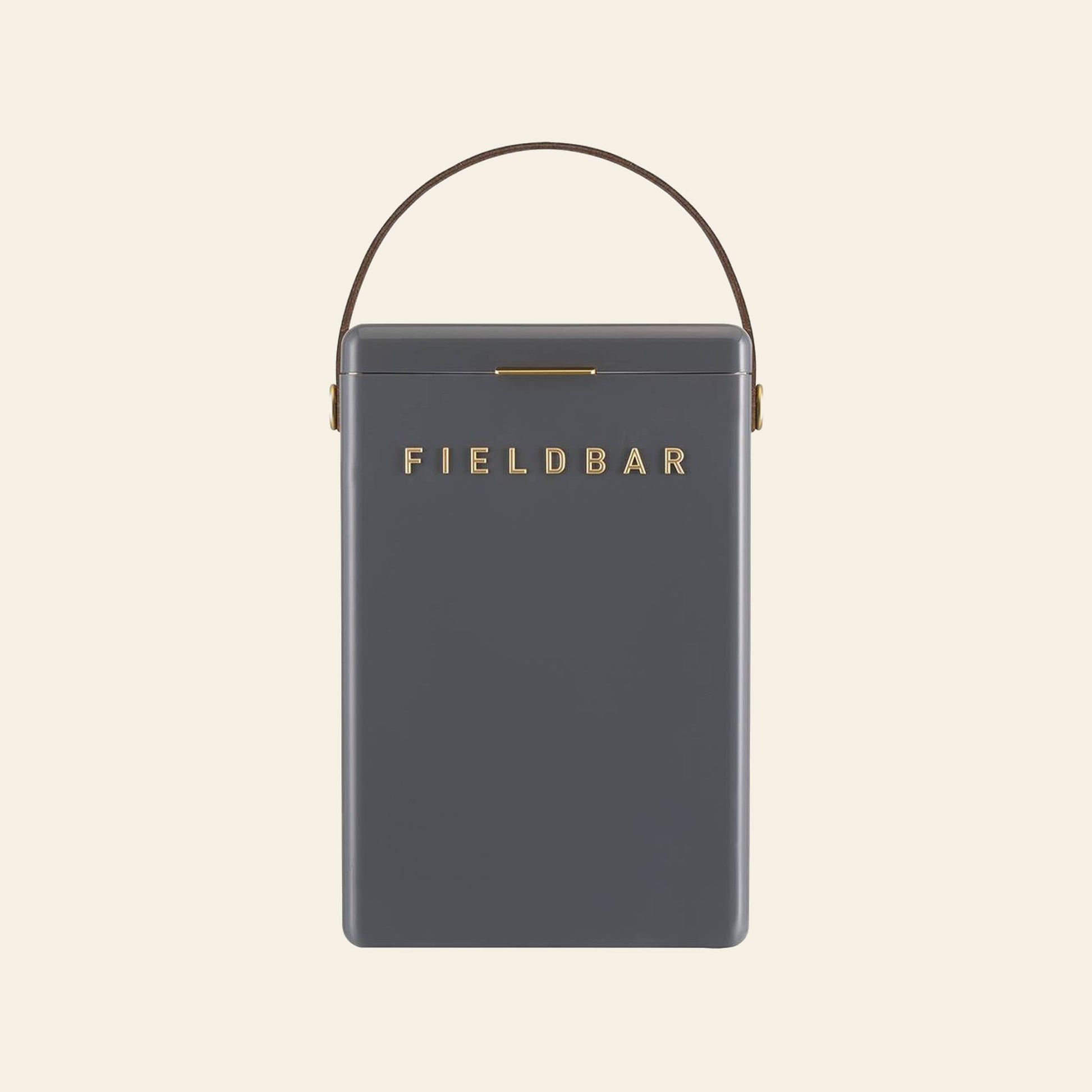The Fieldbar Drinks Box is a rectangular, dark gray cooler with gold Fieldbar branding and a brown top handle, acclaimed for excellent thermal performance and shown against a light beige background.