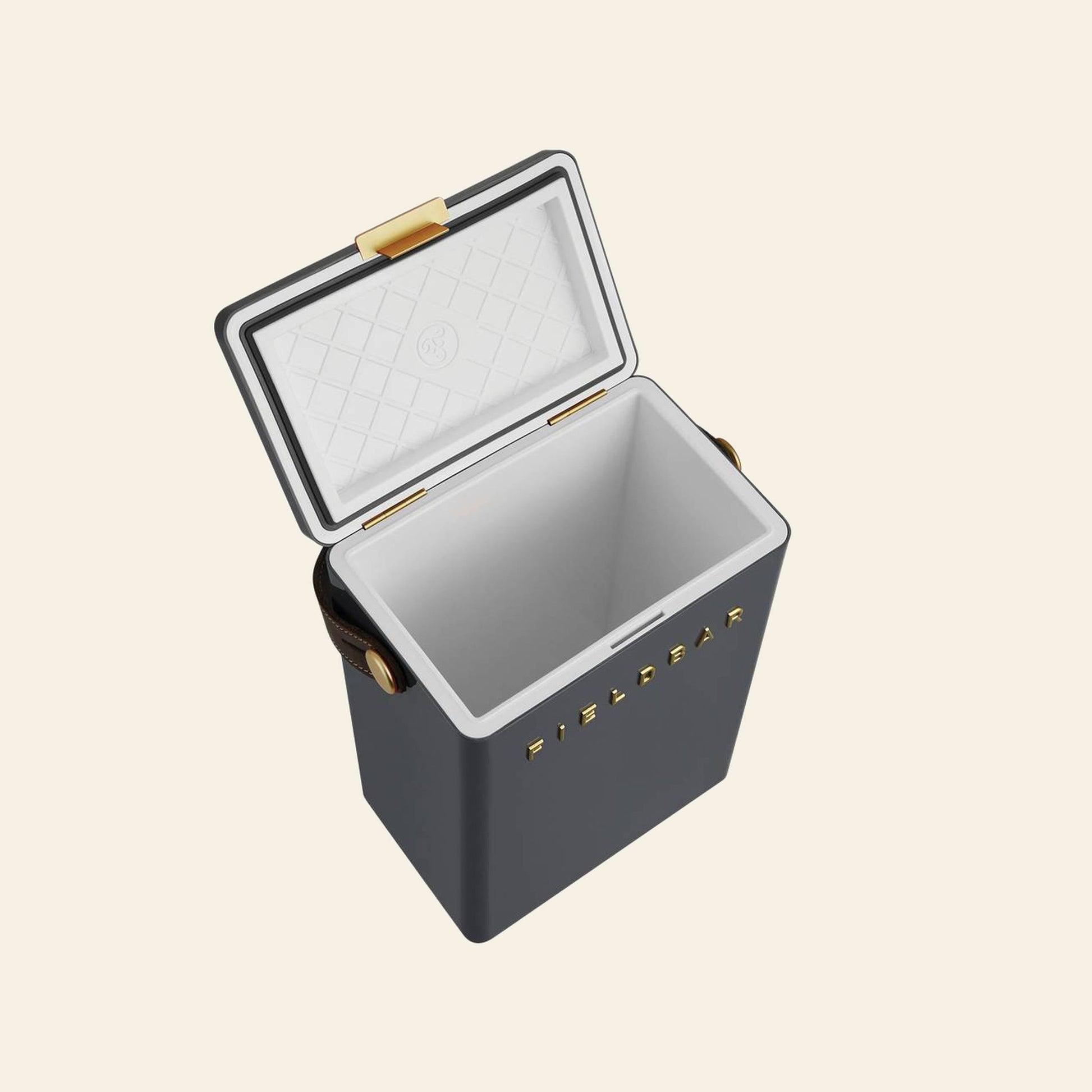 The Fieldbar Drinks Box by Fieldbar features a dark gray body, white diamond-patterned lid, and gold latch and handles. “FIELDBAR” is printed in gold on the side, making this ice box both stylish and high performing.