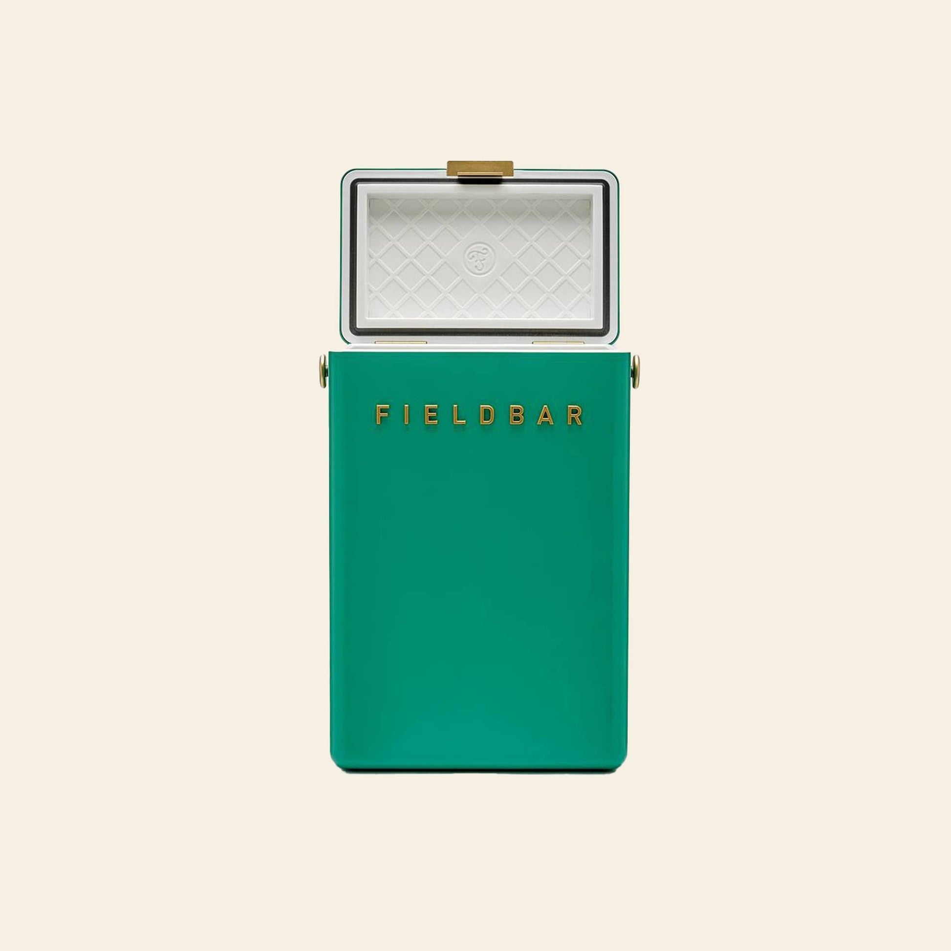 A green Fieldbar Drinks Box cooler by Fieldbar with a gold latch sits open, revealing a white diamond-patterned interior—crafted for superior thermal performance.