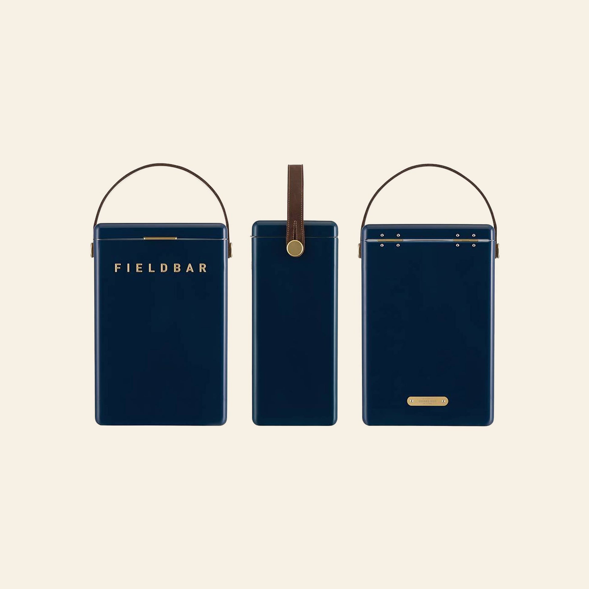 Three dark blue, rectangular Fieldbar Drinks Box containers by Fieldbar with brown handles are displayed from the front, side, and back. A gold-lettered logo highlights their stylish design and thermal performance for any gathering.