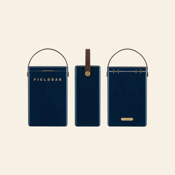 Three dark blue, rectangular Fieldbar Drinks Box containers by Fieldbar with brown handles are displayed from the front, side, and back. A gold-lettered logo highlights their stylish design and thermal performance for any gathering.