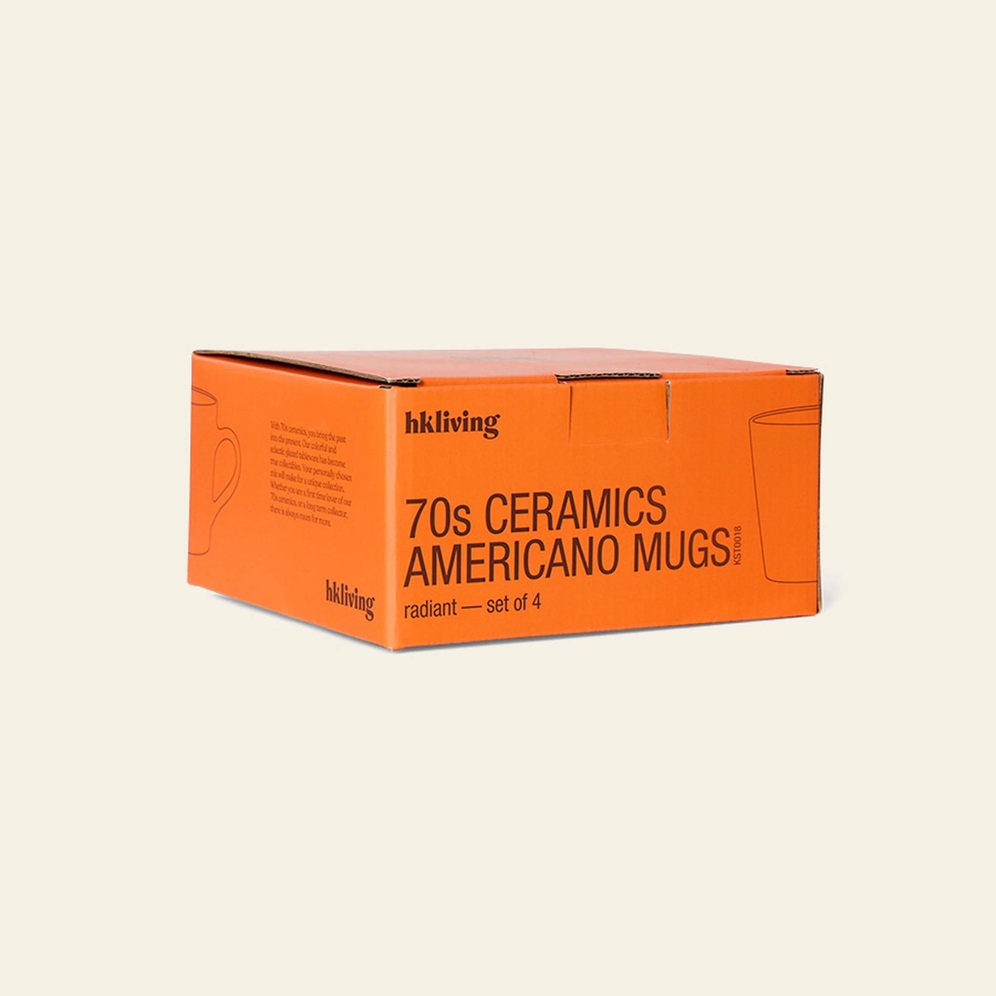 A light beige background displays an orange box labeled HKLIVING 70s Ceramics: Americano Mugs, Set of 4, featuring minimalist cup illustrations and hand-glazed stoneware, with the brand name HKLIVING on the sides.