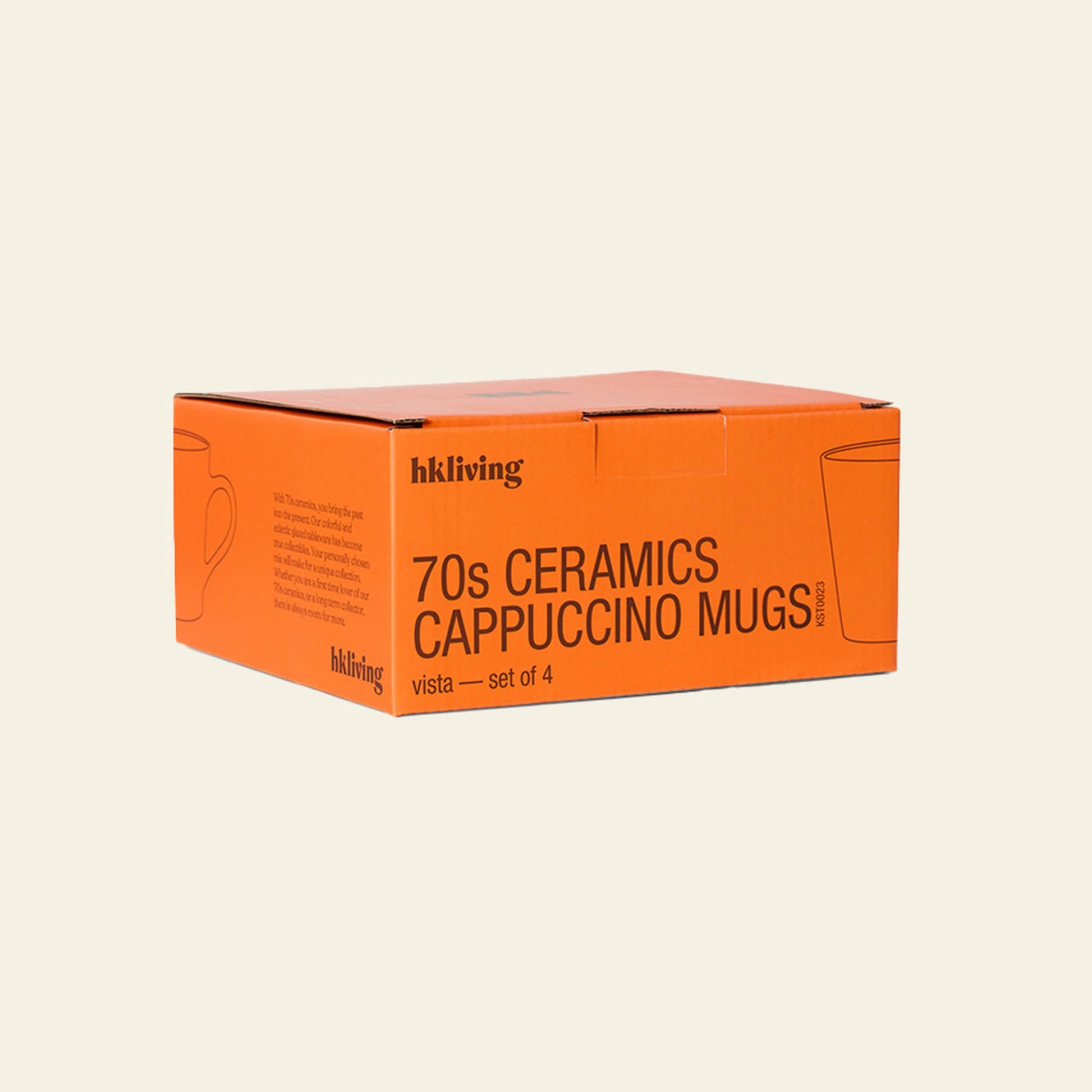 The HKLIVING 70s Ceramics Cappuccino Mugs set includes 4 hand-glazed mugs with simple side illustrations, packaged in an orange box—perfect for a stylish coffee experience.
