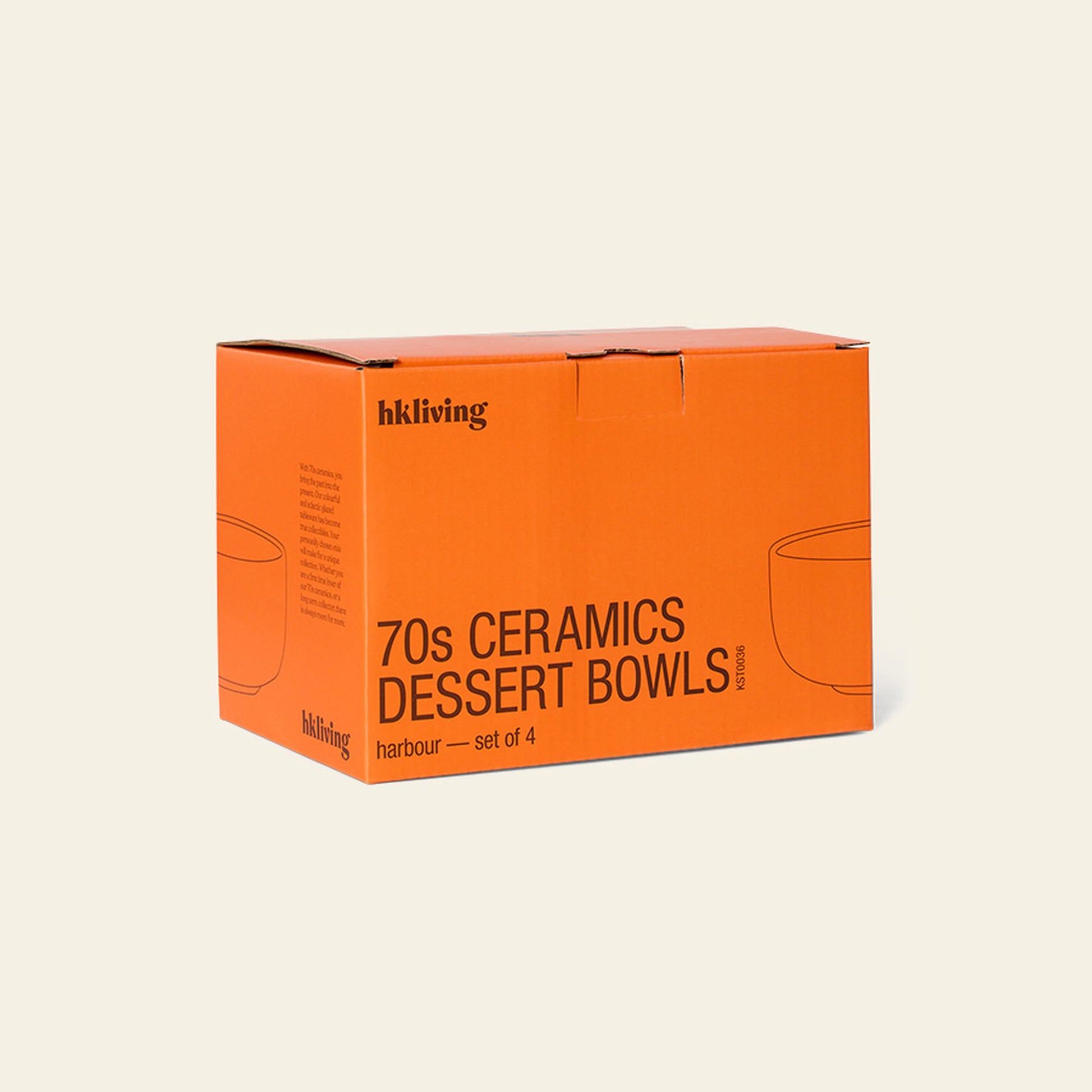 An orange box labeled HKLIVING 70s Ceramics: Dessert Bowls, Set of 4 from HKLIVING features simple bowl illustrations on a light beige background, evoking playful retro vibes.