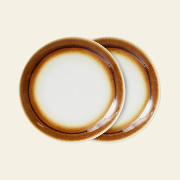 HKLIVING 70s Ceramics: Dinner Plates, Set of 2 - Supernova by HKLIVING, featuring overlapping plates with a white center and hand-glazed brown gradient rim on a plain light background.