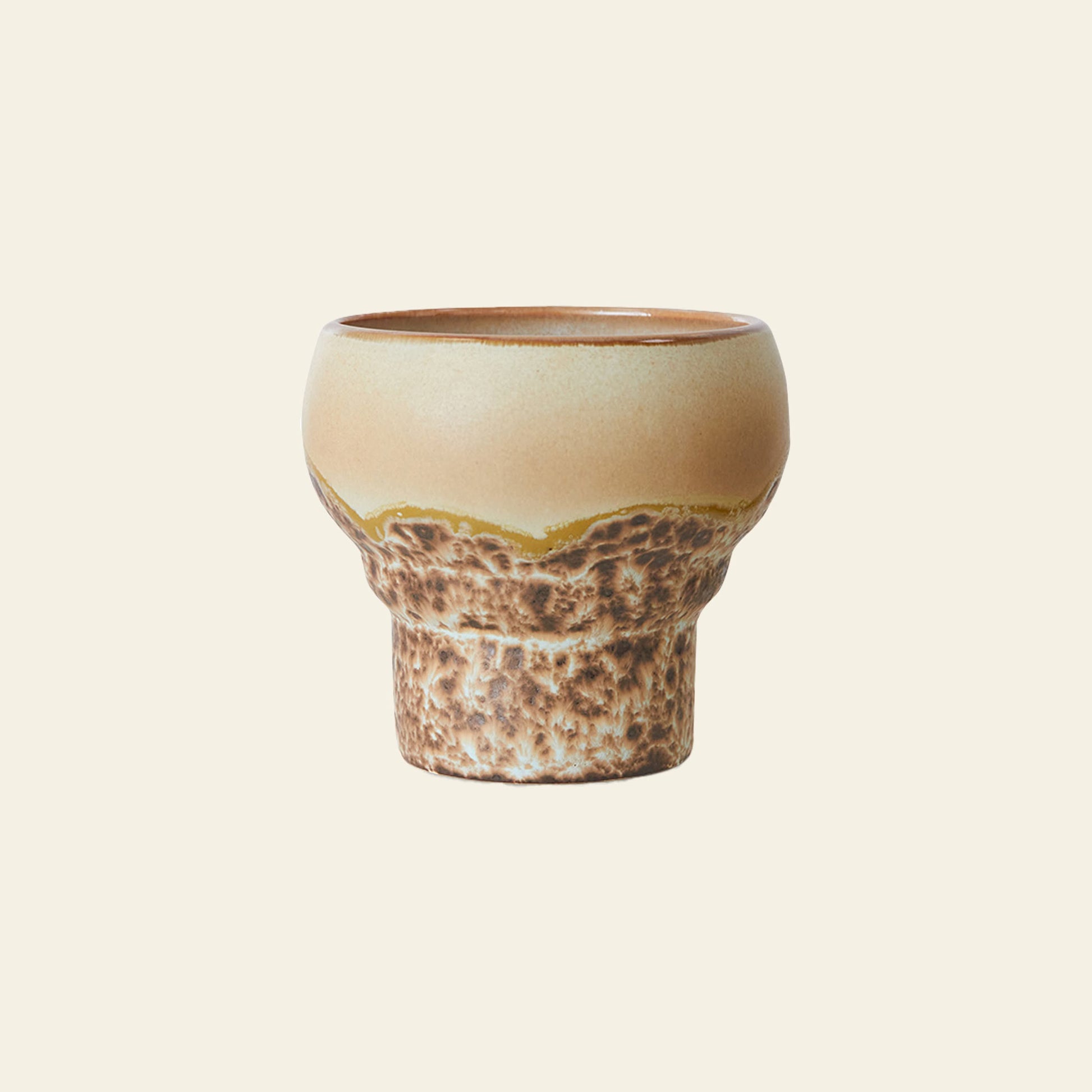 The HKLIVING 70s Ceramics: Lungo Mugs, Set of 2, by HKLIVING, features wide rims, narrow bases, and a design with a textured brown lower half and smooth beige upper half, inspired by classic 70s ceramic mugs.