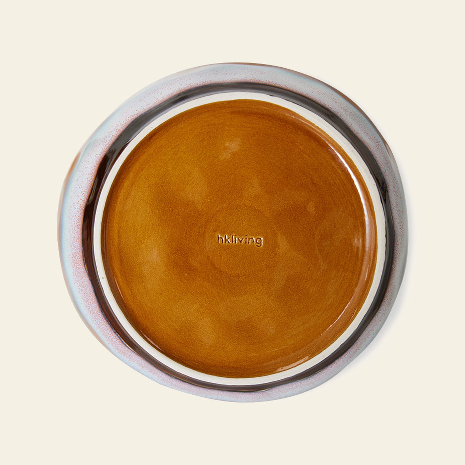 A set of 2 HKliving 70s Ceramics pasta bowls with a brown center, light gray rim, and embossed HKliving logo, viewed from above—evoking classic retro tableware style.