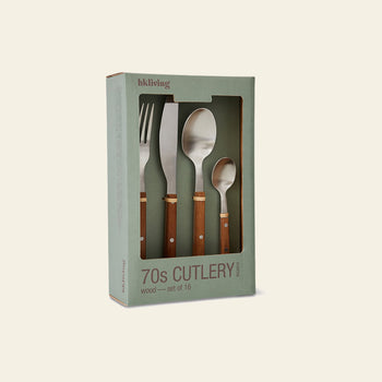 The HKLIVING 70s Cutlery: Wood, Set of 16 features forks, knives, spoons, and teaspoons with wooden handles in sage green packaging labeled 70s CUTLERY—a stylish retro dining set from HKLIVING.