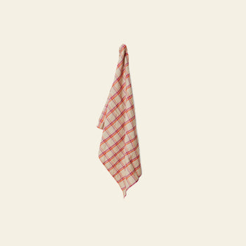 The HKLIVING Vida Check Tea Towel in Strawberry/Cream, made from a linen-cotton blend, is displayed against a plain light beige background.