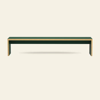 The HKLIVING Bench, 220cm, is a minimalist rectangular green dining bench with light wooden edges by HKLIVING, shown against an off-white background and casting a subtle shadow.