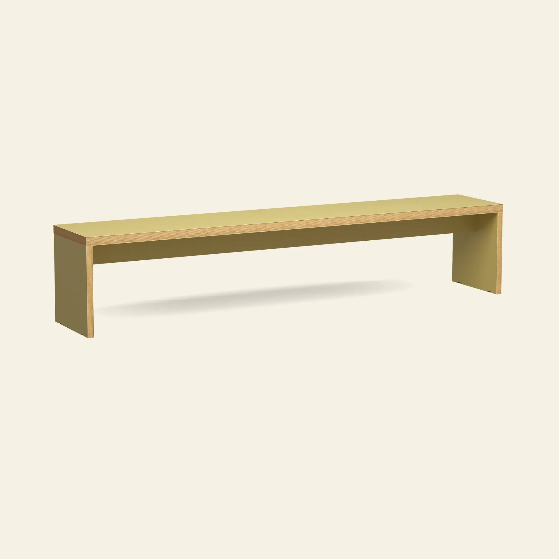 The HKLIVING Bench, 220cm, by HKLIVING is a minimalist wooden dining bench with a light yellow finish, space-saving design, and clean lines, set against a plain off-white background. Inspired by the signature HKliving Bench aesthetic.