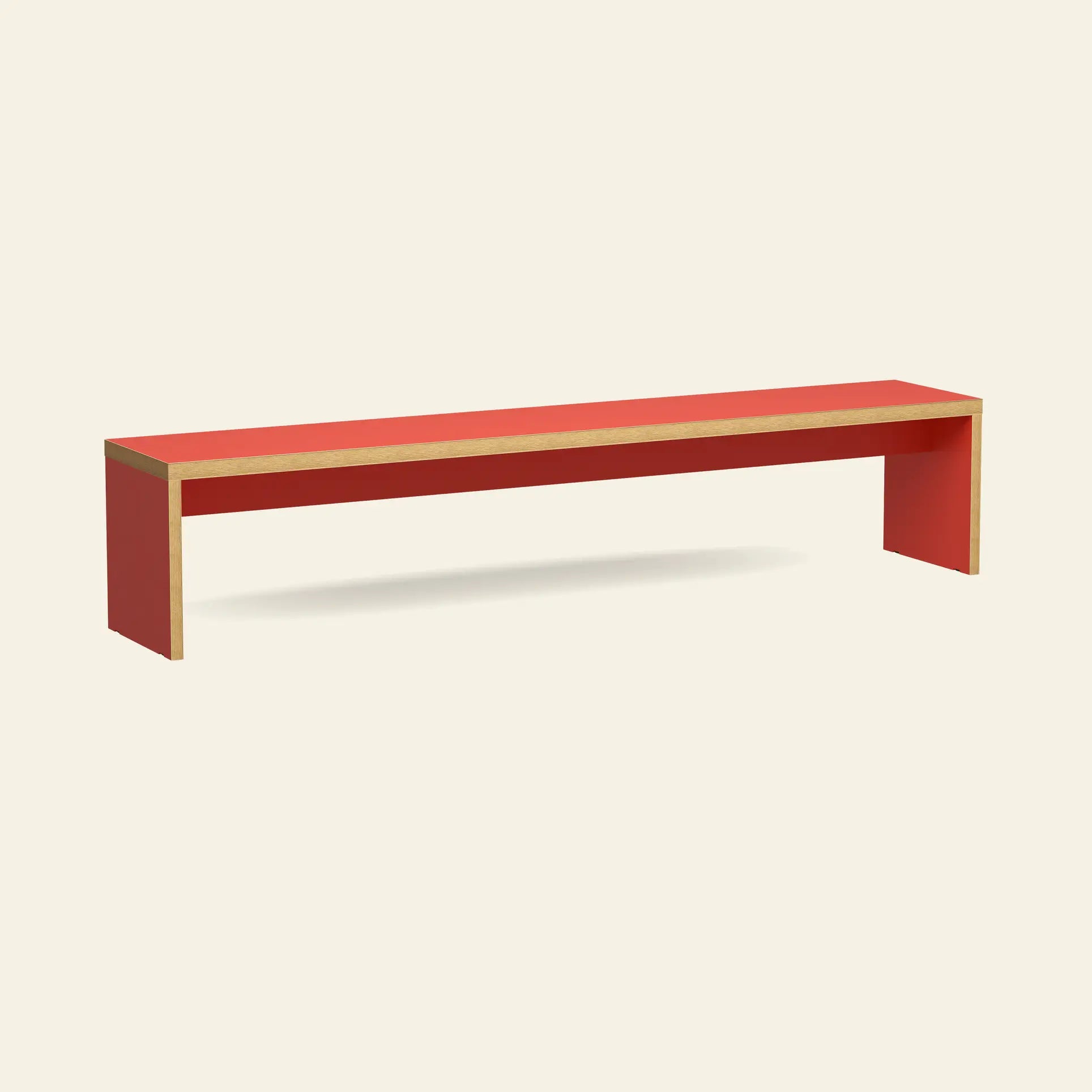 The HKLIVING Bench, 220cm, by HKLIVING features a minimalist rectangular design with wooden edges and no backrest, providing space-saving seating against a plain, light-colored background.