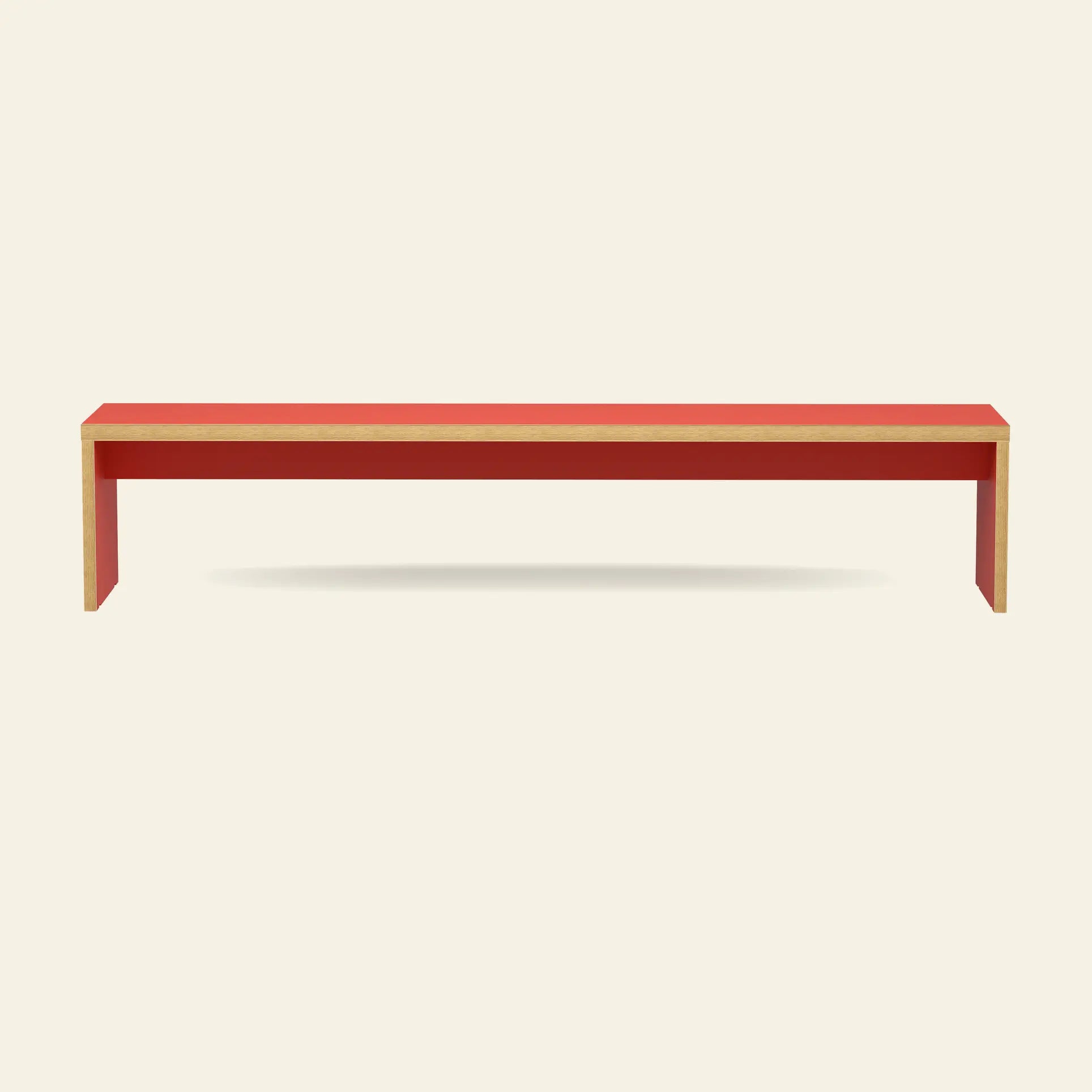 The HKLIVING Bench, 220cm, by HKLIVING, is a minimalist modern dining bench with a red top and sides, natural wood edges, and a simple rectangular design—perfect for stylish space-saving seating.