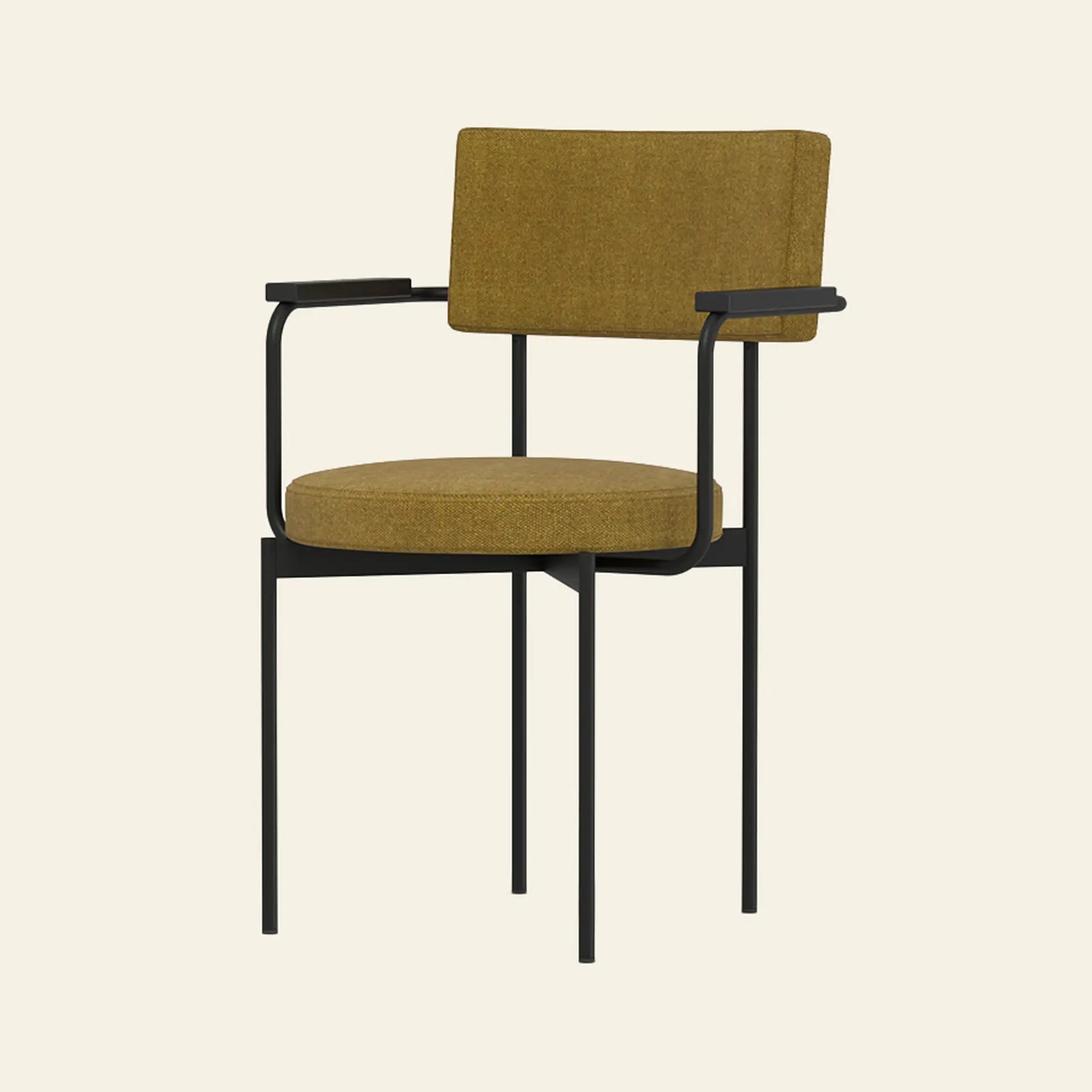 The HKLIVING Dining Armchair by HKLIVING features a modern design with a mustard yellow Main Line Flax upholstered seat and backrest, black metal frame, slim legs, and minimalist armrests against a plain light background.