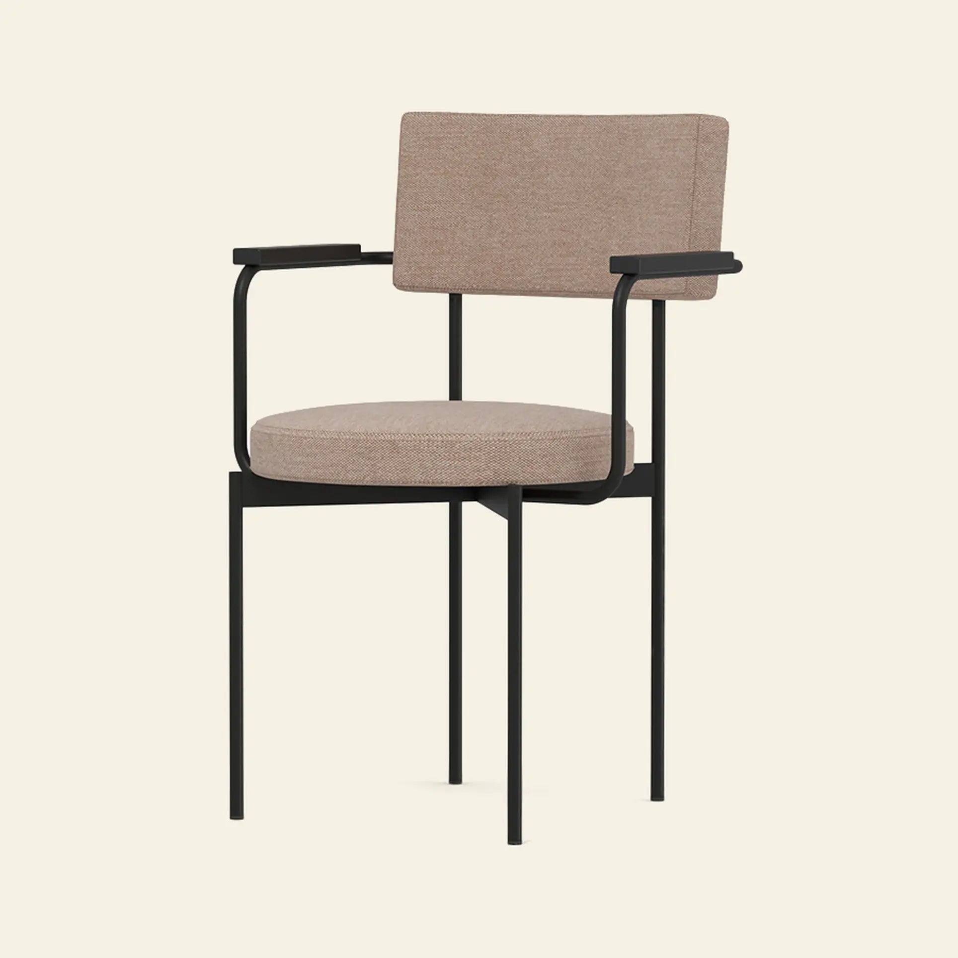 The HKLIVING Dining Armchair, Main Line Flax, Black by HKLIVING features a modern stackable design with a black metal frame, padded beige seat and backrest, and armrests with black accents—showcasing minimalist Dutch style.