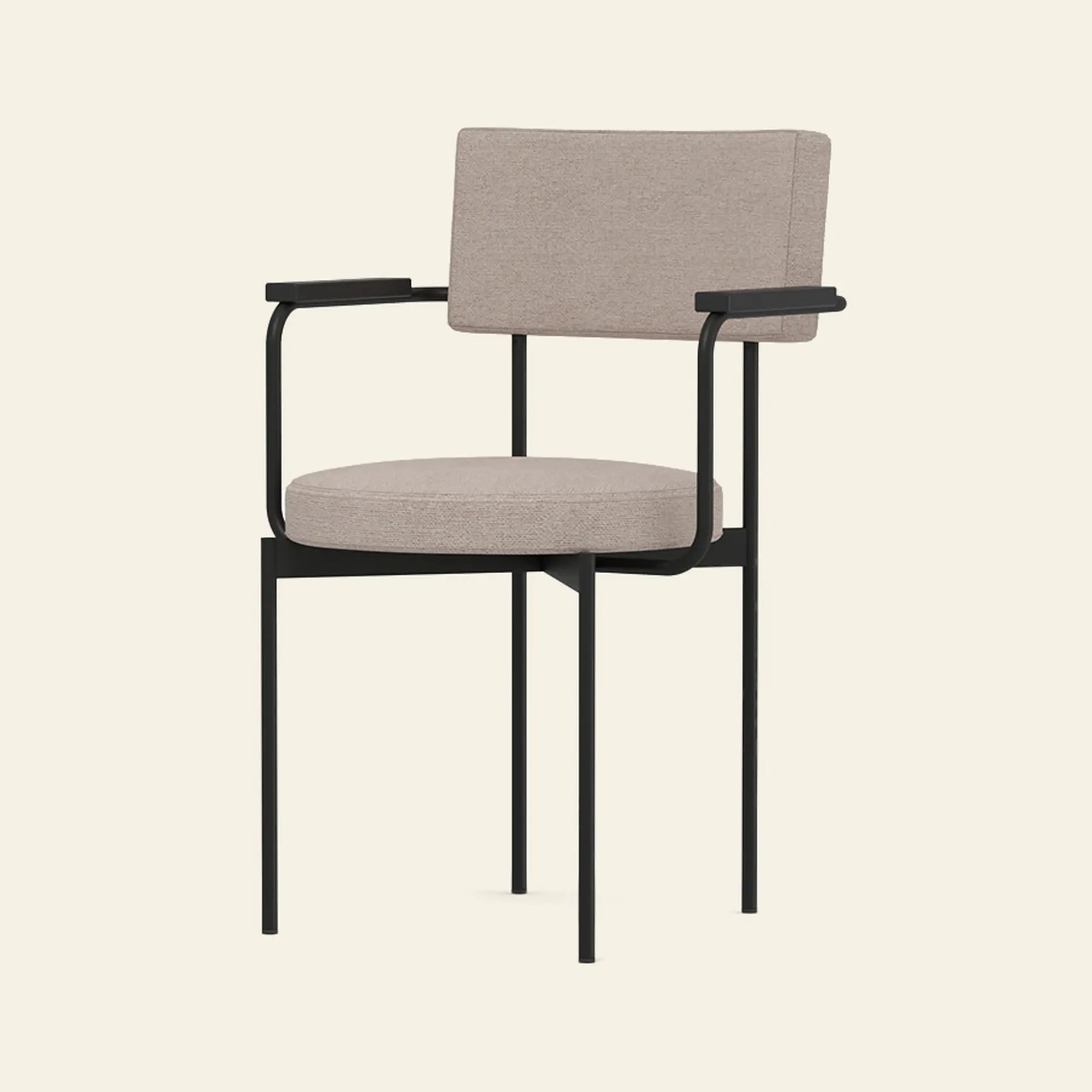 The HKLIVING Dining Armchair, Main Line Flax, Black features a sleek black metal frame, beige cushioned seat and backrest, stackable design with armrests, and showcases Dutch design by HKLIVING against a plain light background.
