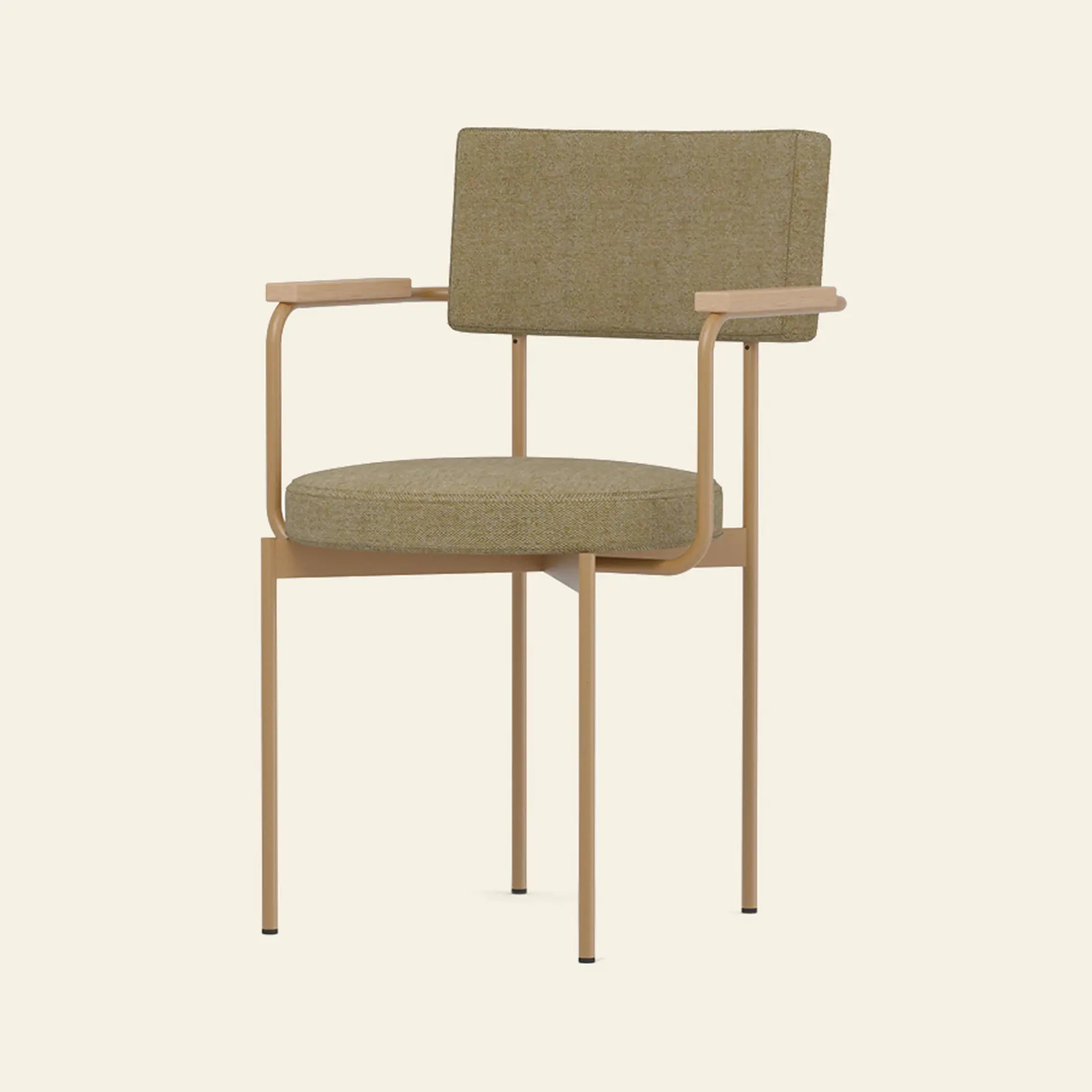 The HKLIVING Dining Armchair, Main Line Flax, Dusty by HKLIVING features a modern Dutch design with a light brown metal frame and olive-green upholstery, shown with straight armrests against a light beige background.
