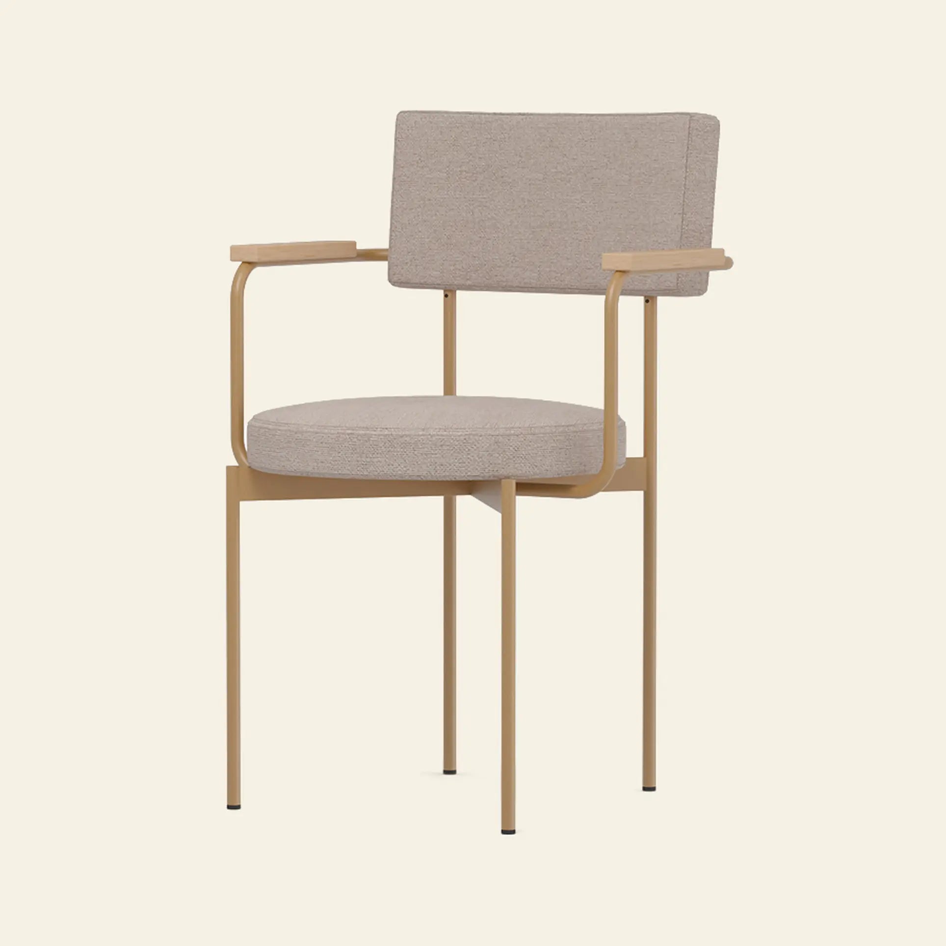 The HKLIVING Dining Armchair features a beige Main Line Flax "Dusty" upholstered seat and backrest, slim gold metal frame, and wooden armrests from HKLIVING, set against a light background.