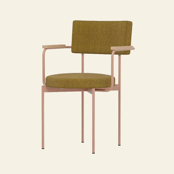 The HKLIVING Dining Armchair Main Line Flax Nude features a cushioned olive-green seat and backrest, pink metal frame with matching armrests, set against a plain off-white background.