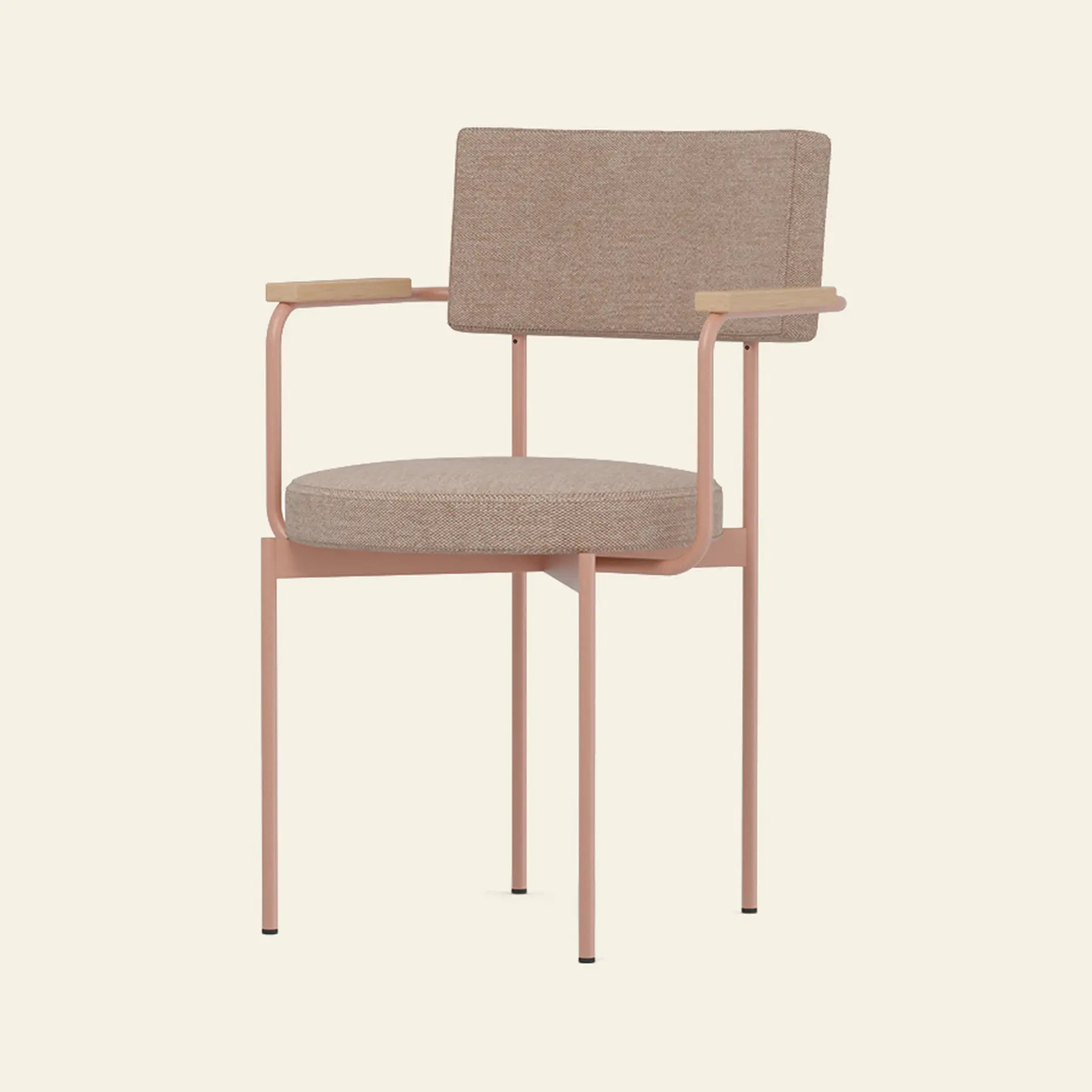The HKLIVING Dining Armchair, Main Line Flax, Nude features a modern stackable design with a light pink metal frame, beige fabric seat and backrest, and wooden armrest accents by HKLIVING. Set against a plain light background.
