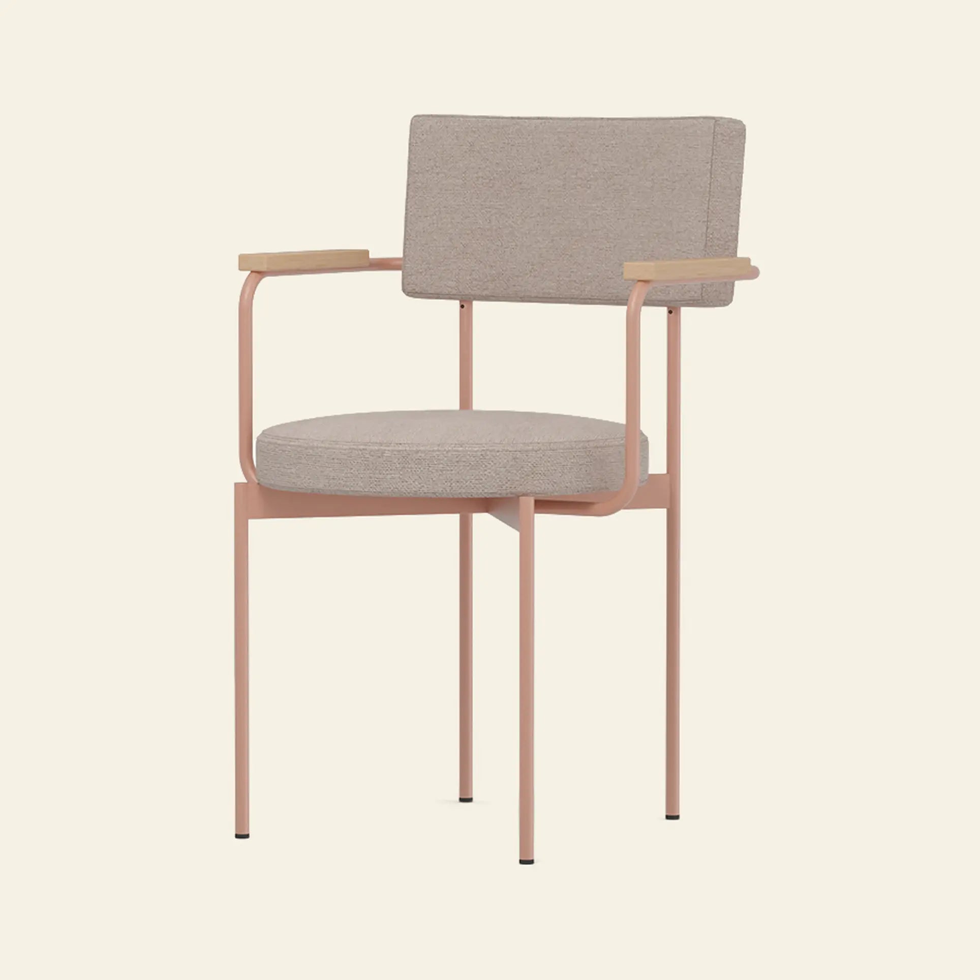The HKLIVING Dining Armchair, Main Line Flax, Nude features a light beige upholstered seat and backrest, slim pink metal frame, and light wood armrests by HKLIVING, displayed against an off-white background.