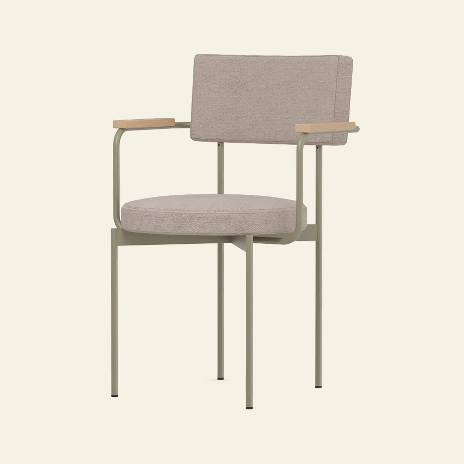 The HKLIVING Dining Armchair, Main Line Flax in Olive, features a cushioned seat and backrest, slim metal frame, and light wooden armrests. Inspired by Dutch design, this modern customizable piece by HKLIVING is shown against an off-white background.