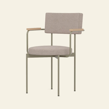 The HKLIVING Dining Armchair, Main Line Flax in Olive, features a cushioned seat and backrest, slim metal frame, and light wooden armrests. Inspired by Dutch design, this modern customizable piece by HKLIVING is shown against an off-white background.