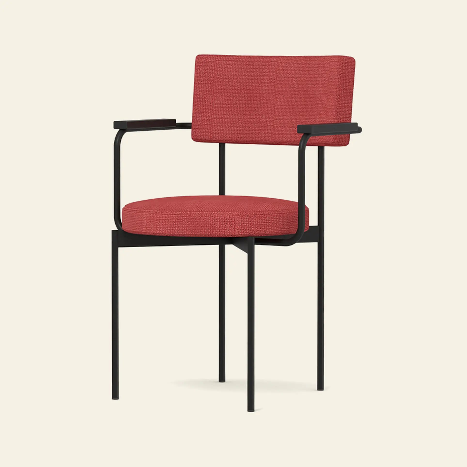 The HKLIVING Dining Armchair, Yoredale, Black by HKLIVING features a modern Dutch design with a black metal frame, red upholstered seat and backrest, straight armrests, and slim legs set against a plain light background.