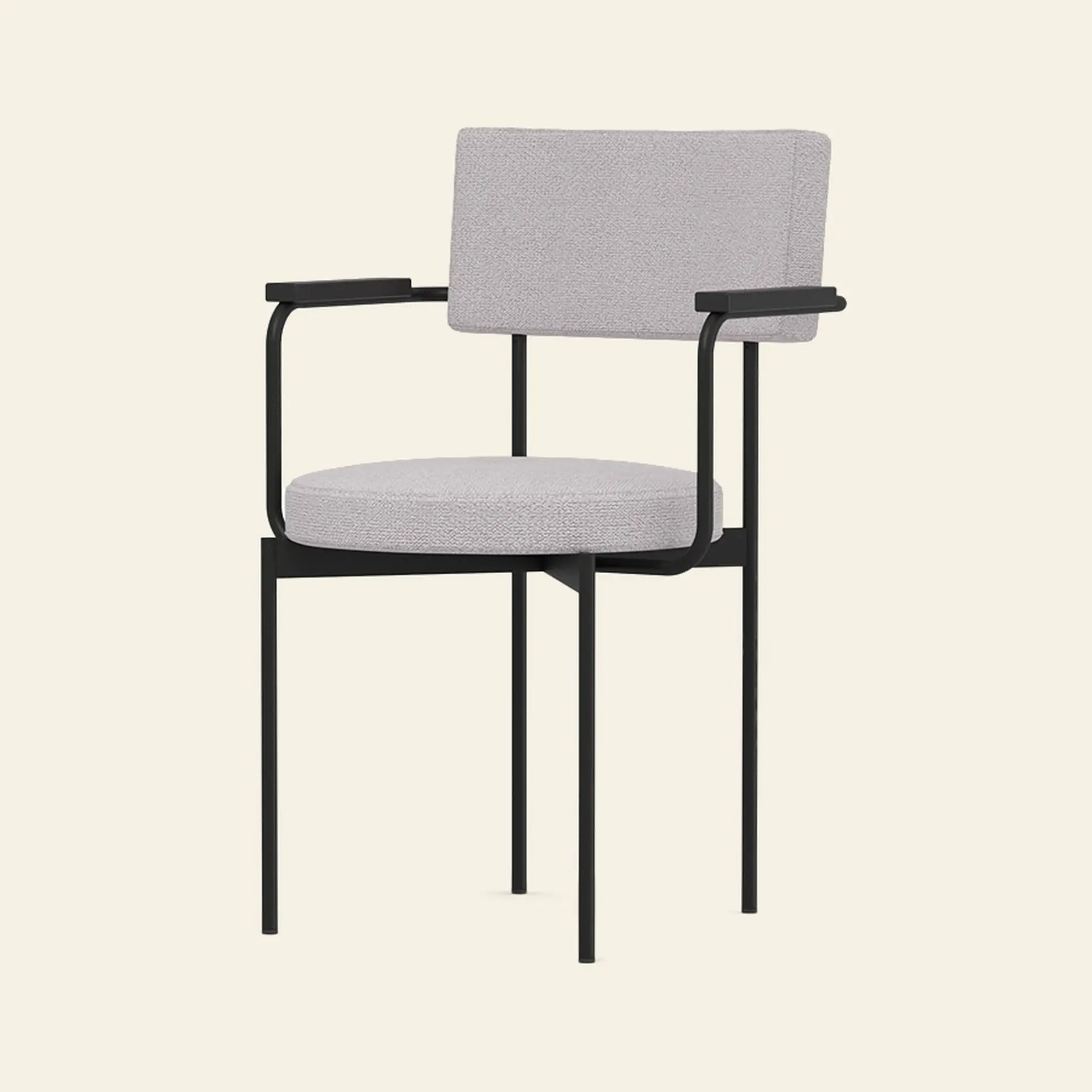 The HKLIVING Dining Armchair, Yoredale, Black by HKLIVING features a light gray upholstered seat and backrest, black metal frame with thin legs, minimalist armrests, and a Dutch-inspired contemporary design. Customizable for your dining space.