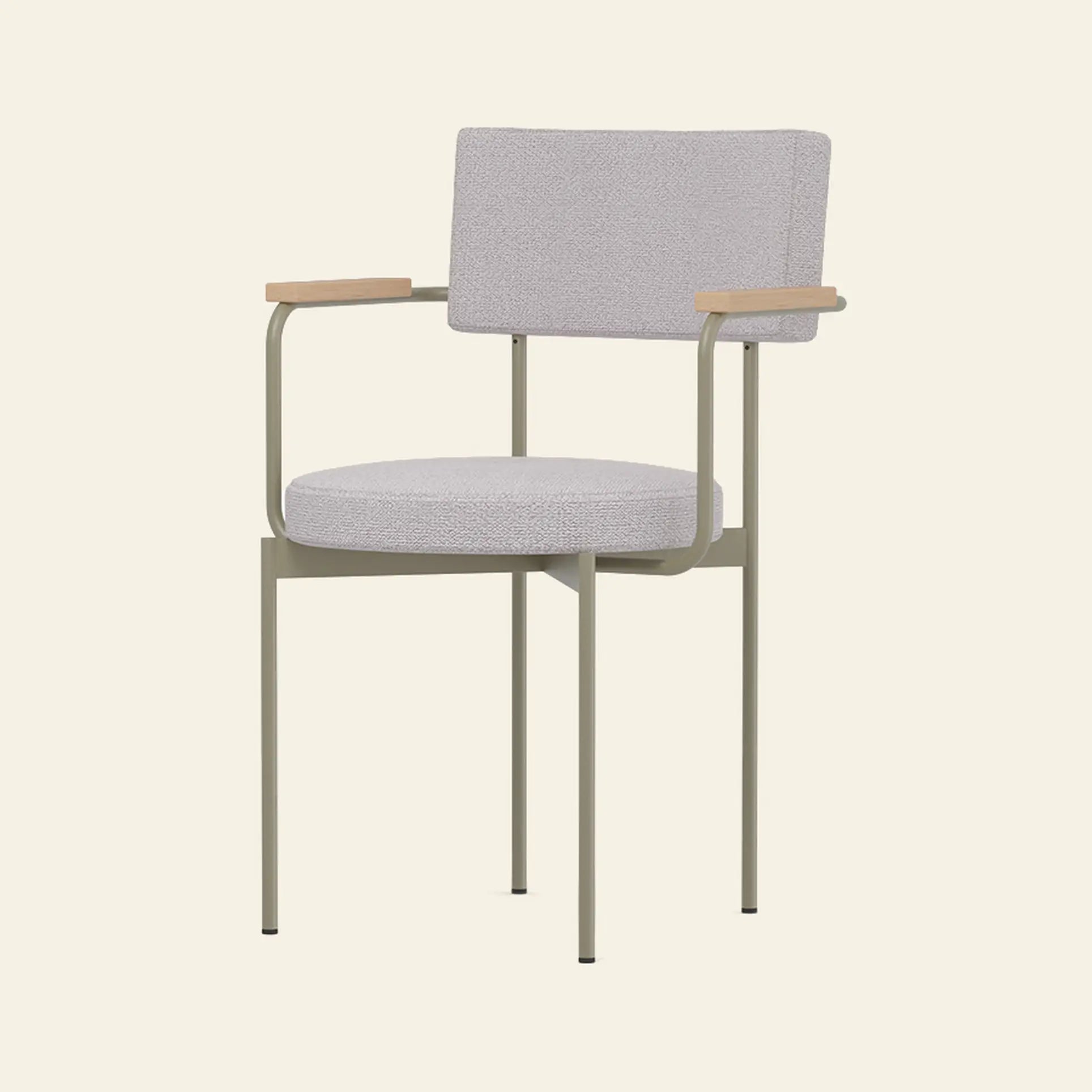 The HKLIVING Dining Armchair, Yoredale, Olive features a modern Dutch design with an olive cushioned seat and backrest, slim metal legs, and wooden armrests, shown against a plain off-white background.