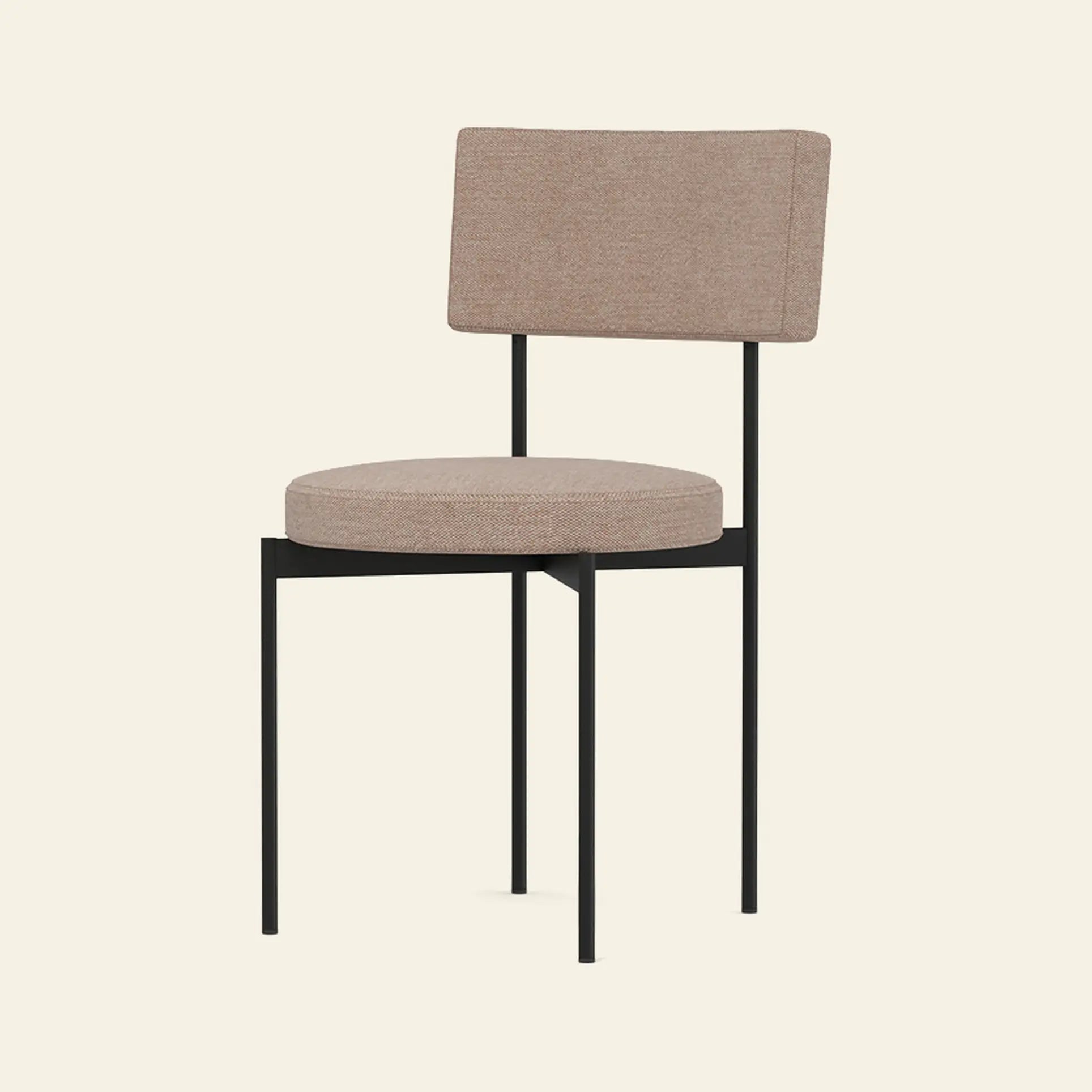The HKLIVING Dining Chair, Main Line Flax, Black by HKLIVING features a modern design with a round upholstered beige seat, rectangular backrest, and minimalist black metal frame with four straight legs.