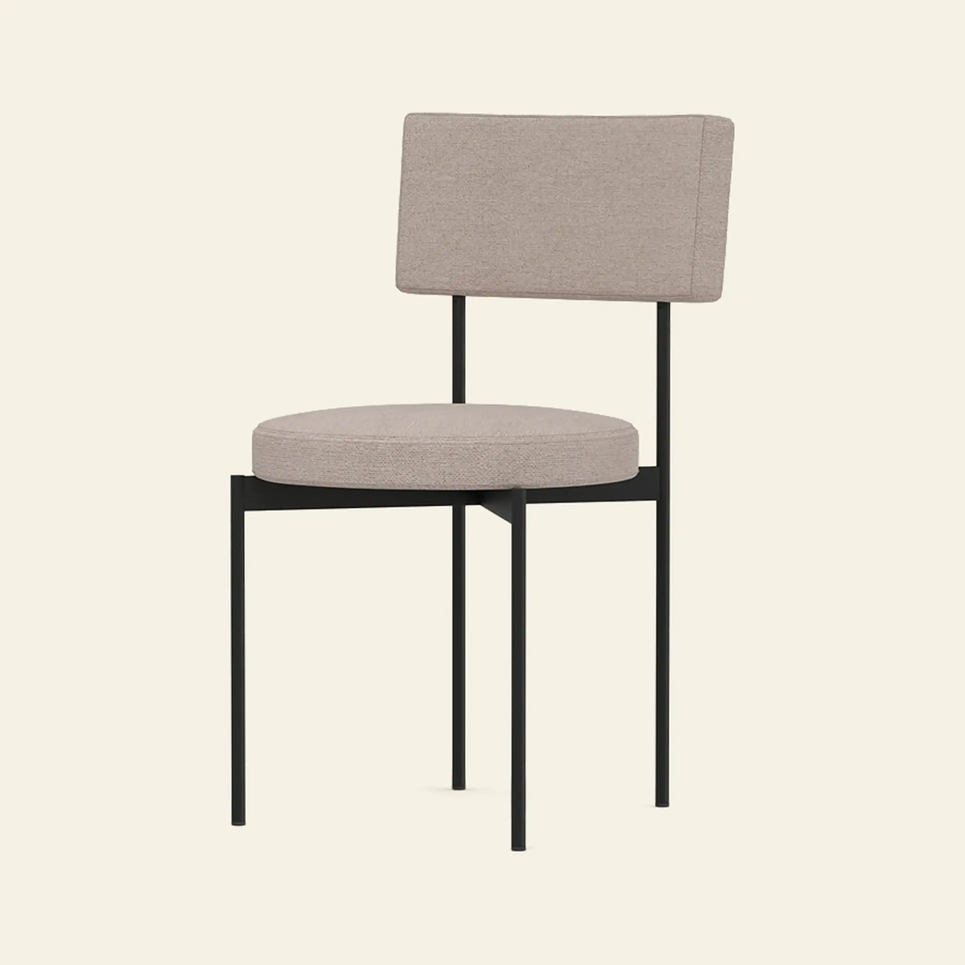 The HKLIVING Dining Chair, Main Line Flax in Black, features a beige upholstered seat and backrest, slim black metal legs and frame, and a Dutch-inspired modern design, displayed against a plain light background.