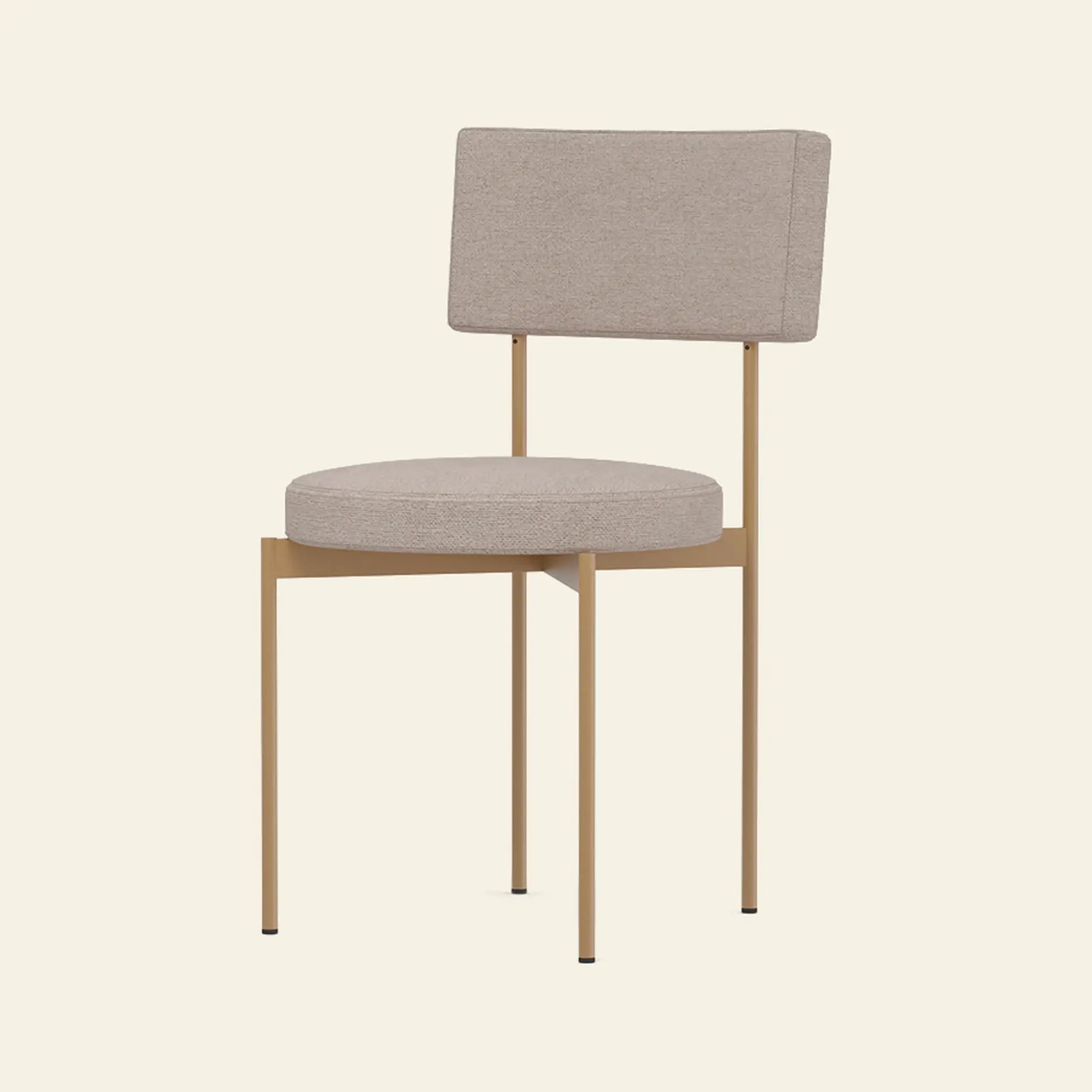 The HKLIVING Dining Chair, Main Line Flax in Dusty by HKLIVING features a light beige cushioned seat and backrest on a sleek gold metal frame with four straight legs, shown against a plain off-white background.