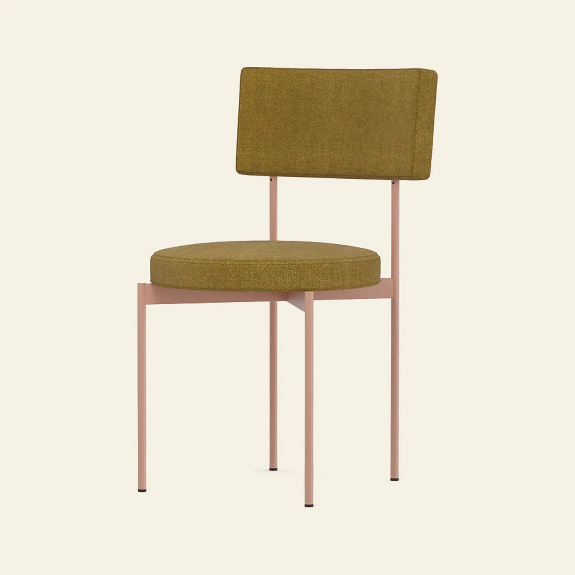 The HKLIVING Dining Chair, Main Line Flax, Nude by HKLIVING features Dutch design with a mustard yellow upholstered seat and backrest, plus slim light pink metal legs and frame. Shown against an off-white background.
