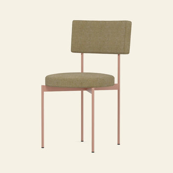 The HKLIVING Dining Chair, Main Line Flax, Nude by HKLIVING features a modern Dutch design with a round, cushioned olive-green seat and backrest on slim pale pink metal legs, all set against a plain light background.
