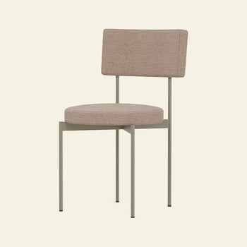 The HKLIVING Dining Chair, Main Line Flax in Olive features a round beige upholstered seat, rectangular backrest, and minimalist light metal frame—an ideal modern seating choice by HKLIVING for your space.