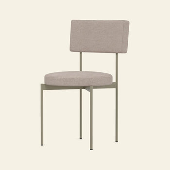 The HKLIVING Dining Chair, Main Line Flax in Olive, features a round cushioned seat and matching backrest on a minimalist light metal frame with four slender legs—ideal for contemporary interiors.