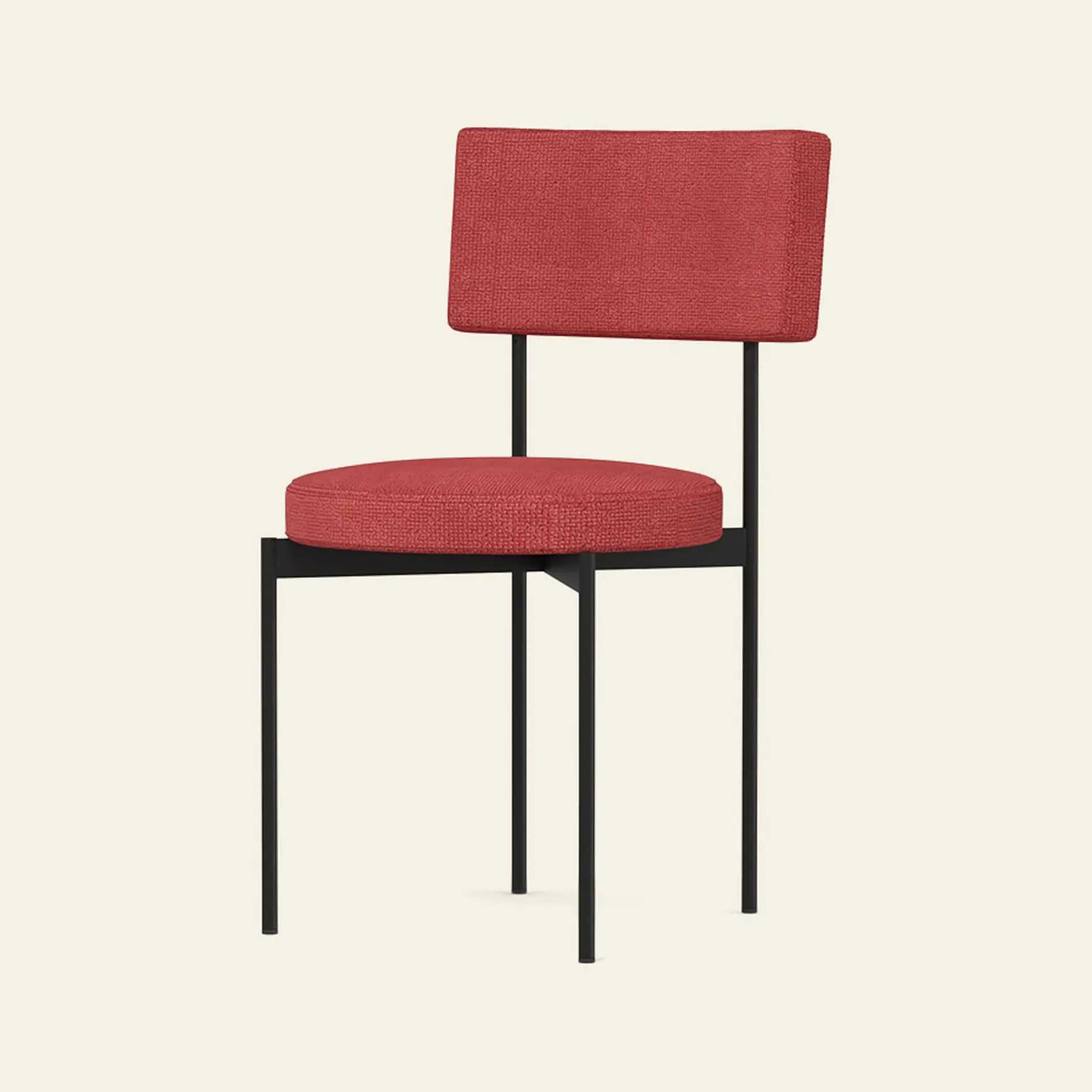 The HKLIVING Dining Chair, Yoredale, Black features standout Dutch design with a sleek black metal frame and four straight legs, plus a textured round seat and rectangular backrest, all set against a plain light background.