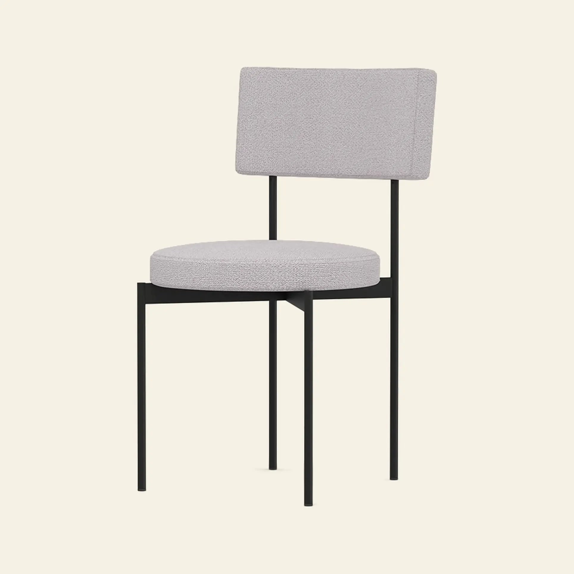 The HKLIVING Dining Chair, Yoredale, Black by HKLIVING features a modern stackable design with a light gray round cushioned seat and rectangular backrest on a minimalist black metal frame with four straight legs.