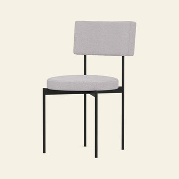 The HKLIVING Dining Chair, Yoredale, Black by HKLIVING features a modern stackable design with a light gray round cushioned seat and rectangular backrest on a minimalist black metal frame with four straight legs.
