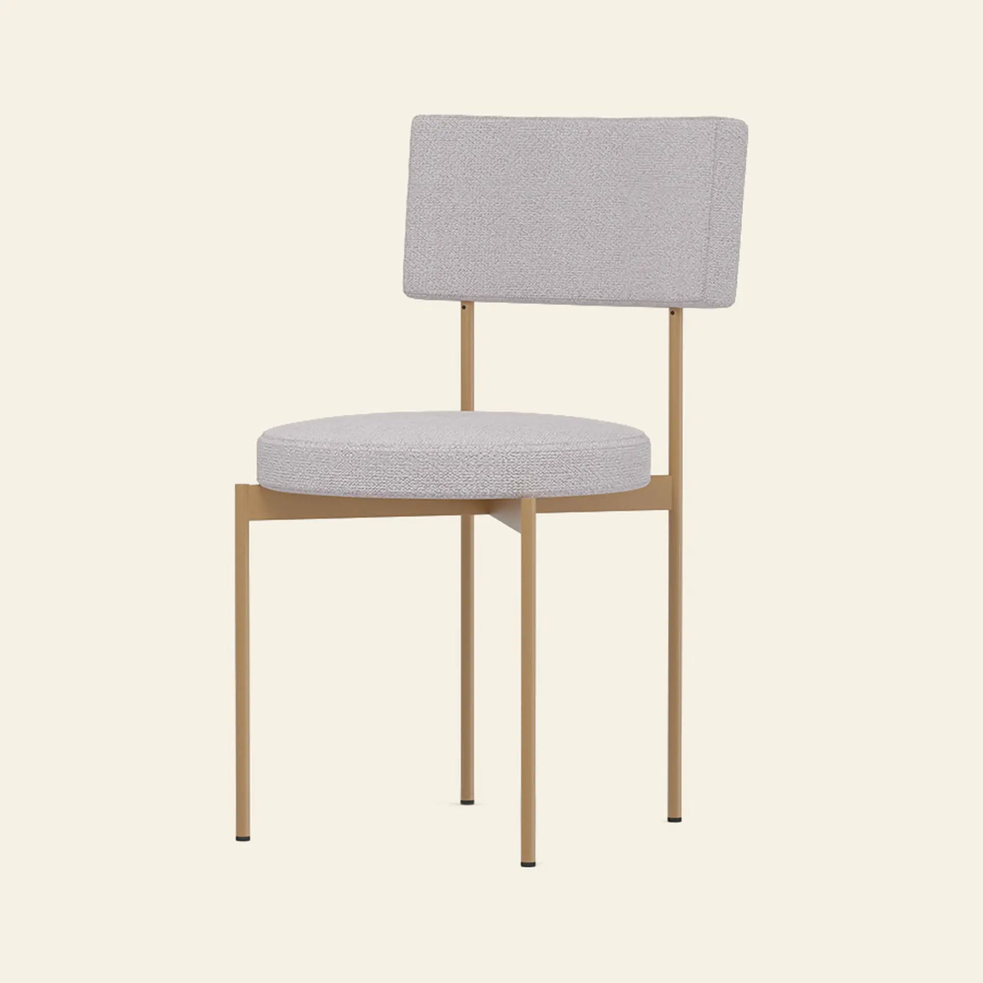 The HKLIVING Dining Chair, Yoredale, Dusty features a round, light gray cushioned seat and backrest with slim gold metal legs, showcasing Dutch craftsmanship against an off-white background.