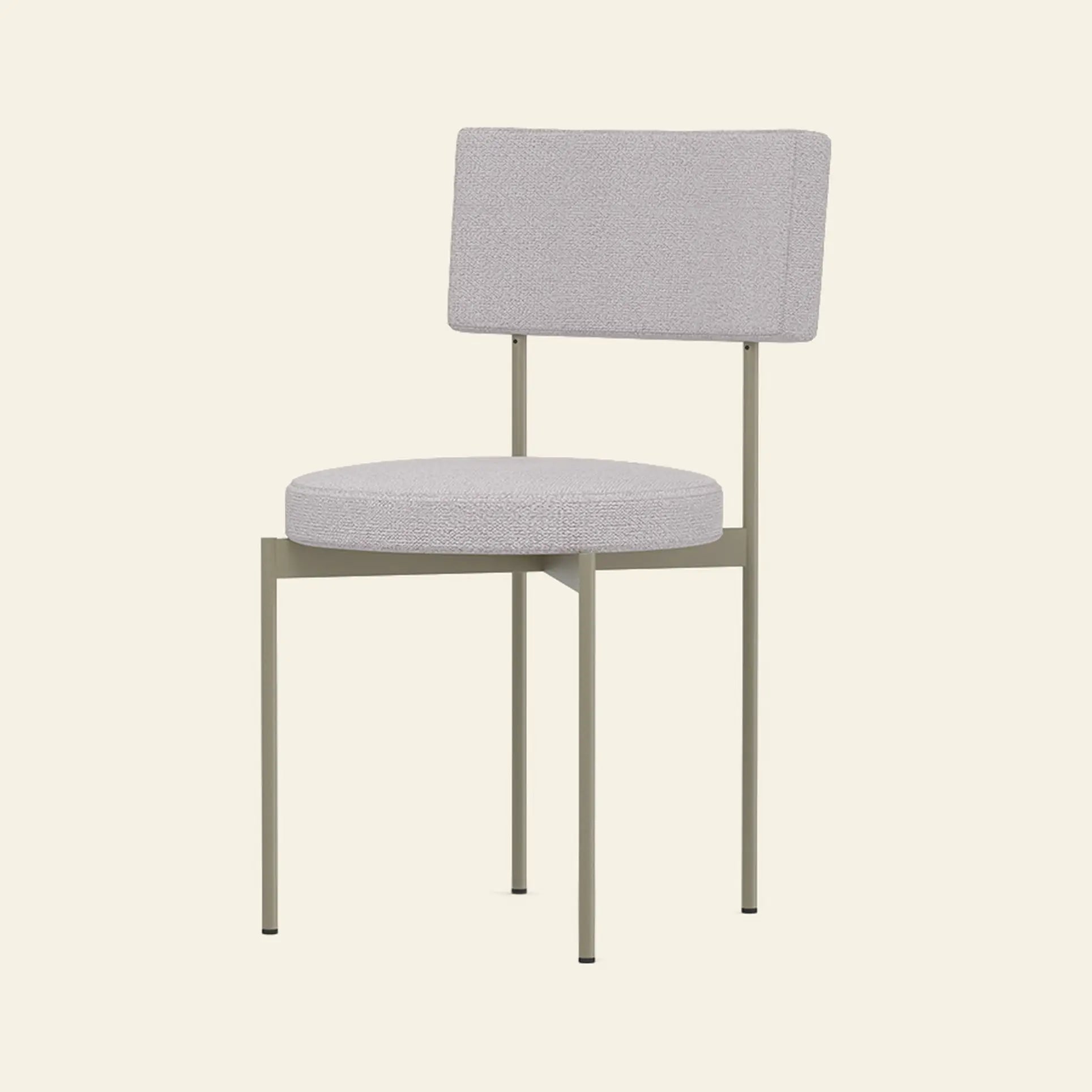The HKLIVING Dining Chair, Yoredale, Olive features a modern Dutch design with a round, light gray upholstered seat, rectangular backrest, and slim beige metal legs. Brand: HKLIVING.
