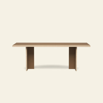 The HKLIVING Dining Table, Rectangular, 220cm by HKLIVING features a minimalist wooden top with two wide flat legs, styled against a plain light beige backdrop.