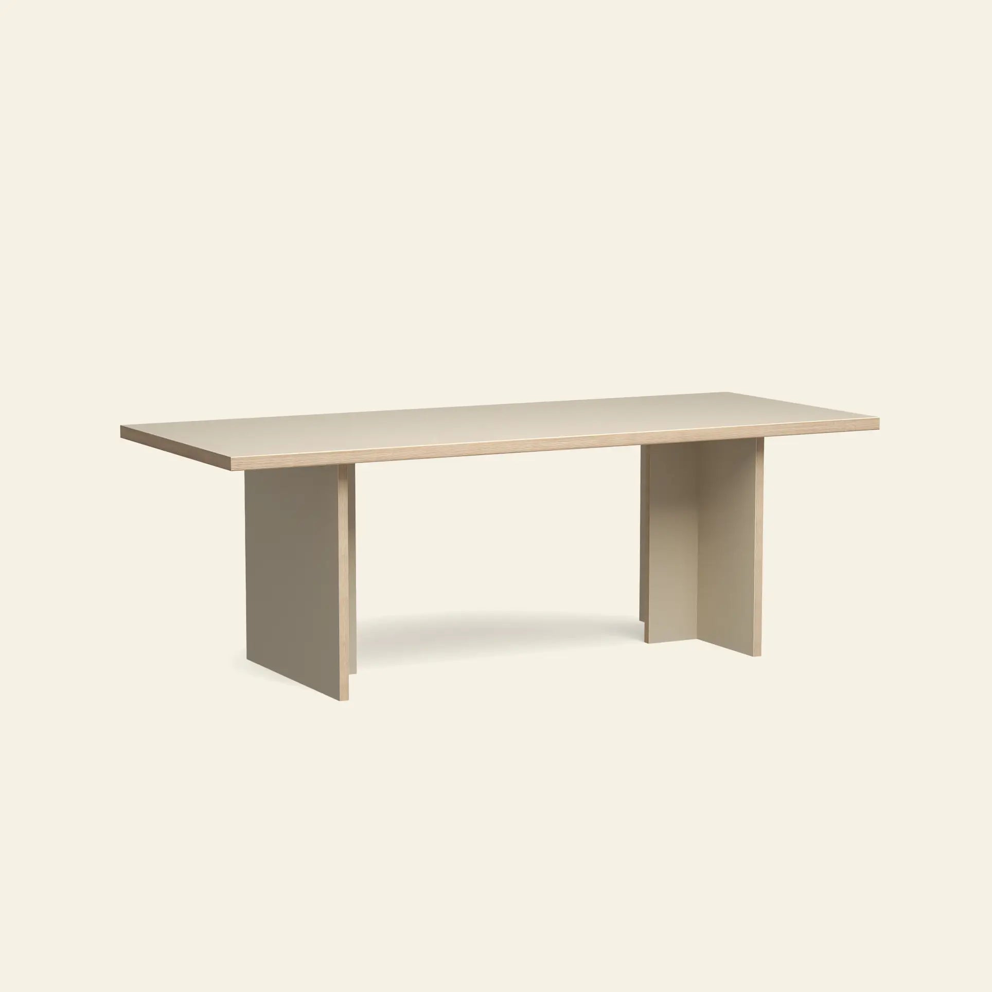 The HKLIVING Dining Table, Rectangular, 220cm by HKLIVING features a minimalist beige design with a flat top and two wide, flat legs at each end, showcased against a plain off-white background.