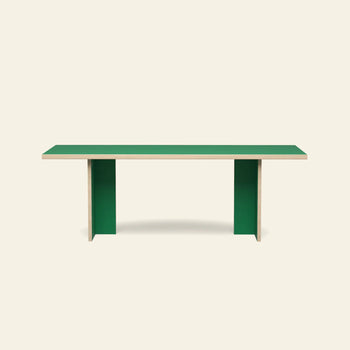 The HKLIVING Dining Table, Rectangular, 220cm, features a minimalist green top and vertical supports, blending clean lines with modern design against a plain beige background.